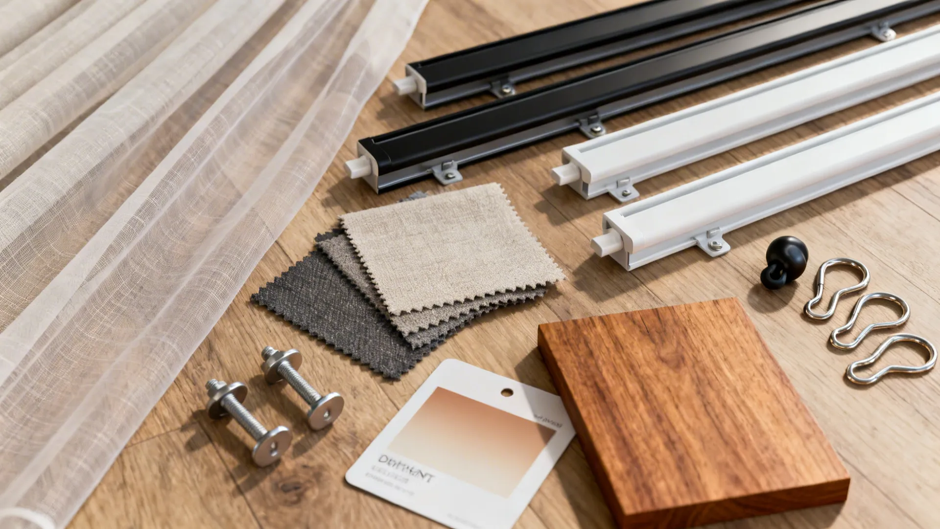 Flat lay of sheer and heavy curtain fabrics with ceiling track hardware.