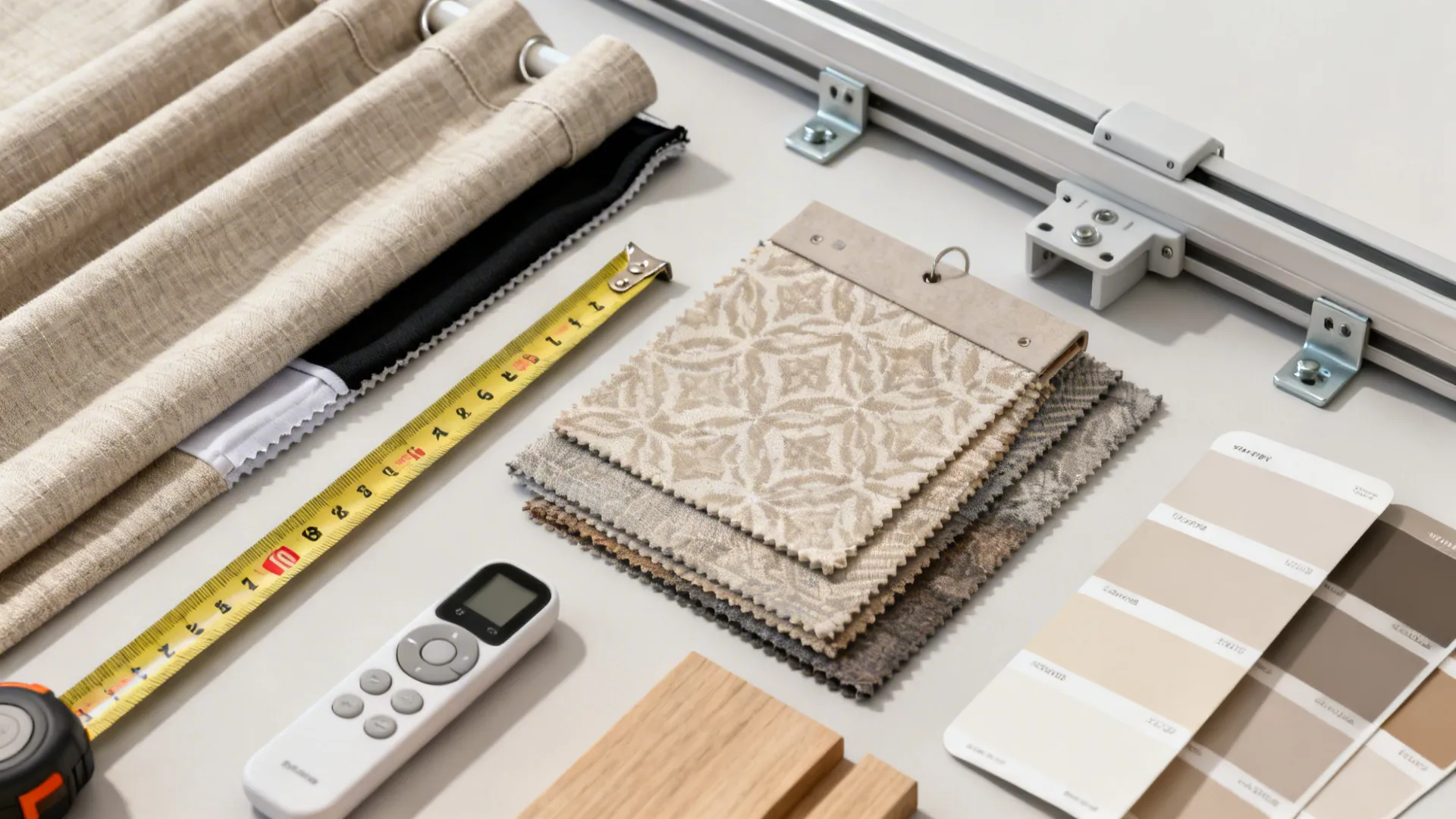 Flatlay of curtain fabric swatches, measurement tape, brackets and motorized track remote for planning installations.