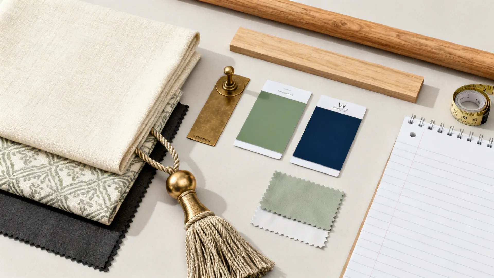 Flatlay of cream fabric swatches, brass tieback, color chips and measuring tape for curtain planning