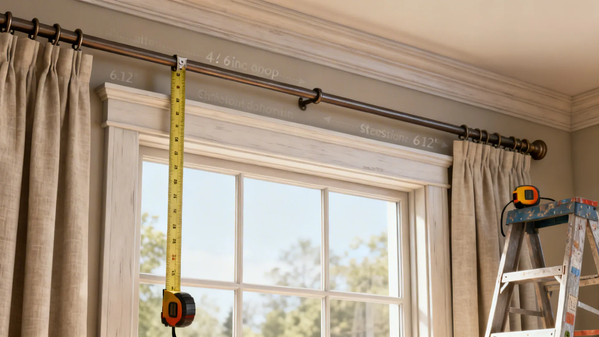 Instructional guide showing curtain rod placement above window and extension beyond sides