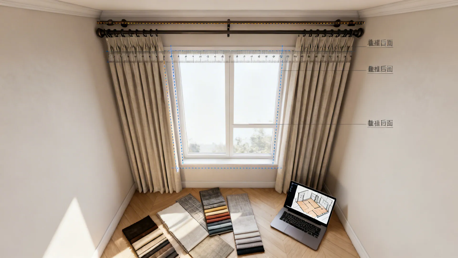 Top-down mockup of a small room with curtain measurement overlays and fabric swatches.