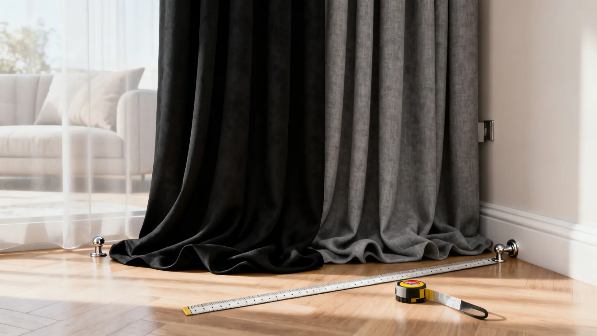 Living room corner illustrating floor-length curtain measurement with tape measure