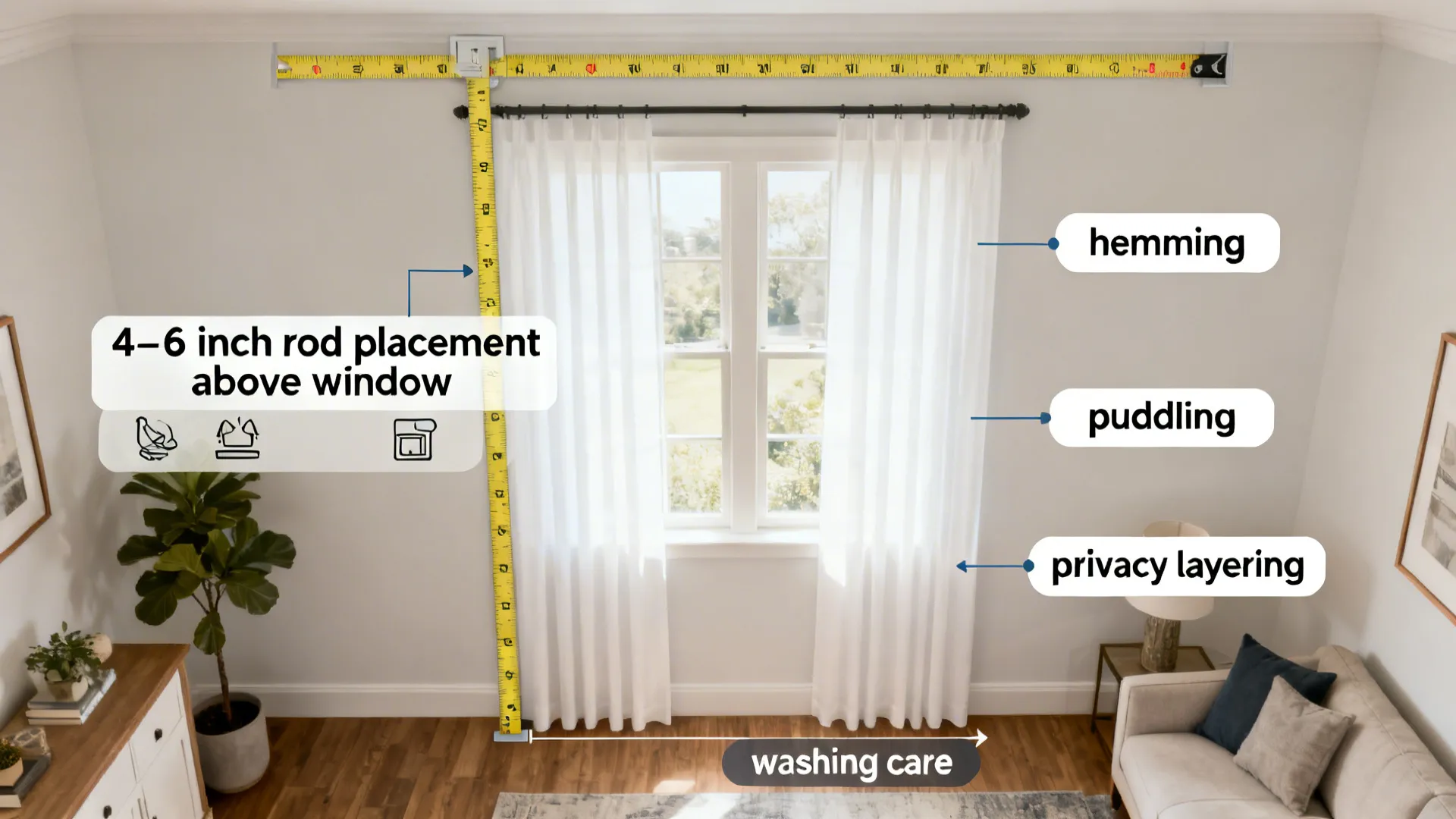 Top-down visual guide showing how to measure for floor-to-ceiling curtains and care icons.