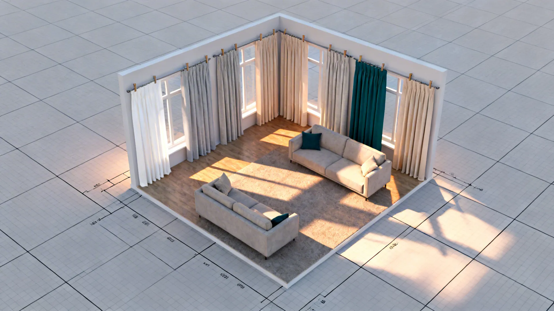 Top-down room mockup showing curtain color swatches and sunlight simulation for testing choices.