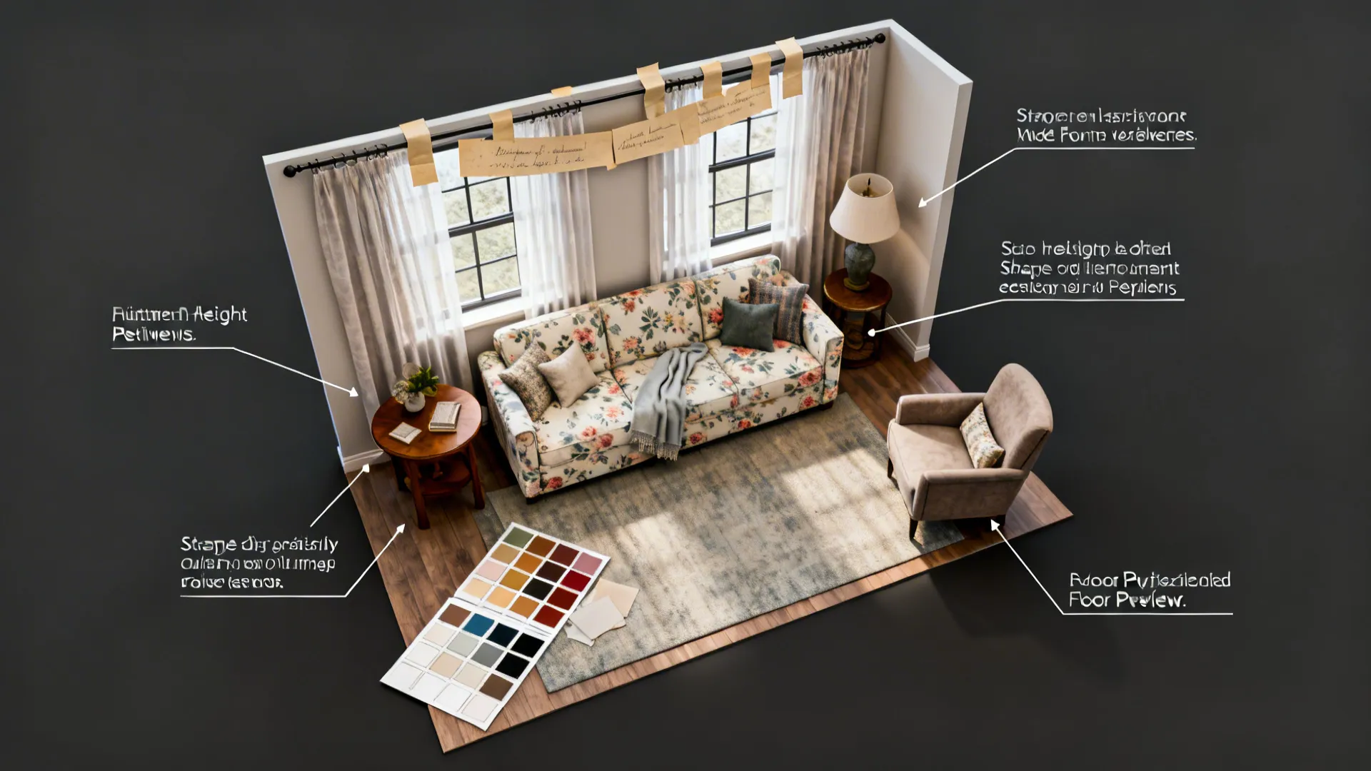 Top-down mockup showing curtain height tests with paper strips and fabric swatches.