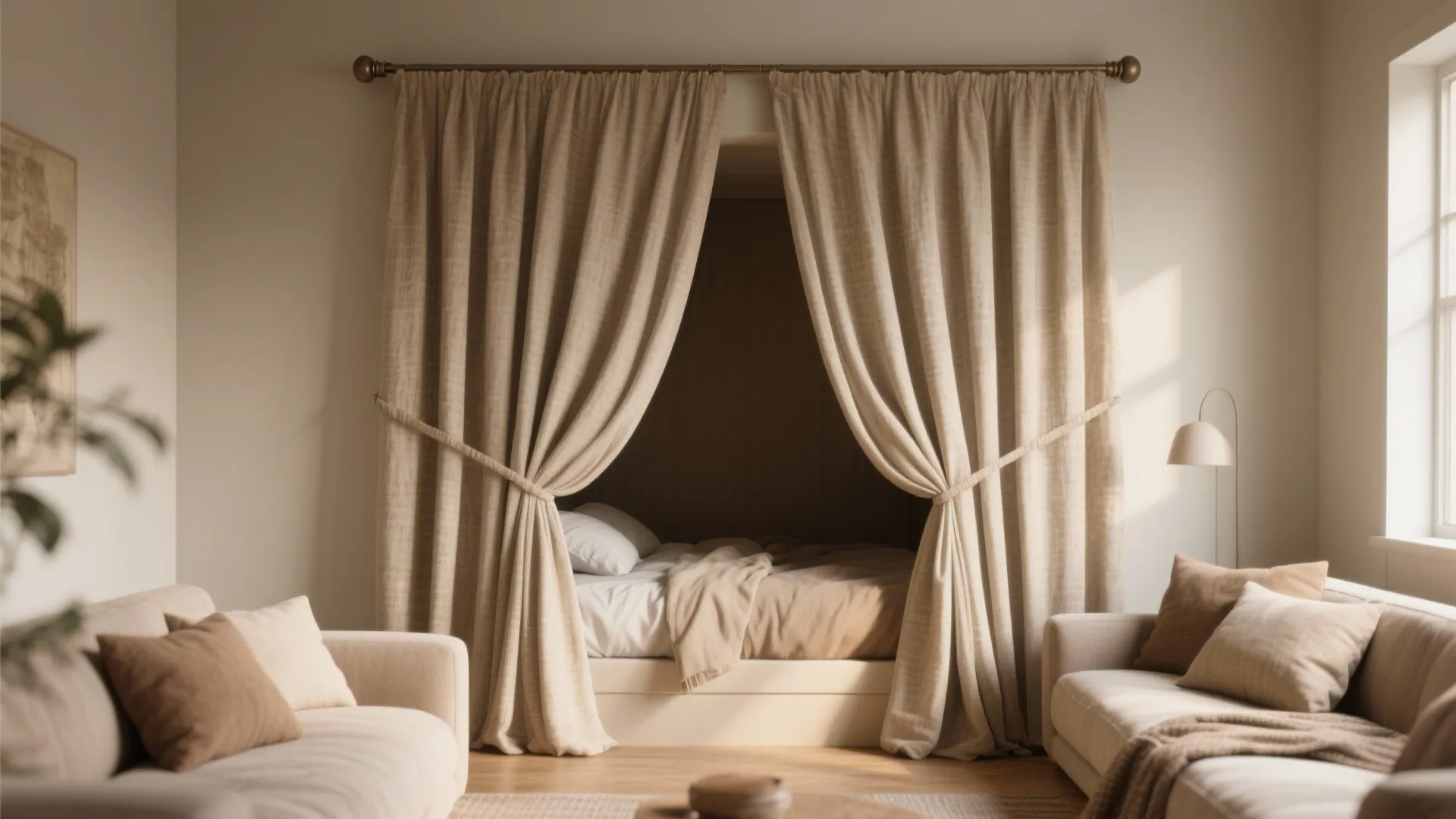 Heavy linen curtain on a double rod separating a sleeping nook from the living area, with blackout liner and soft folds.
