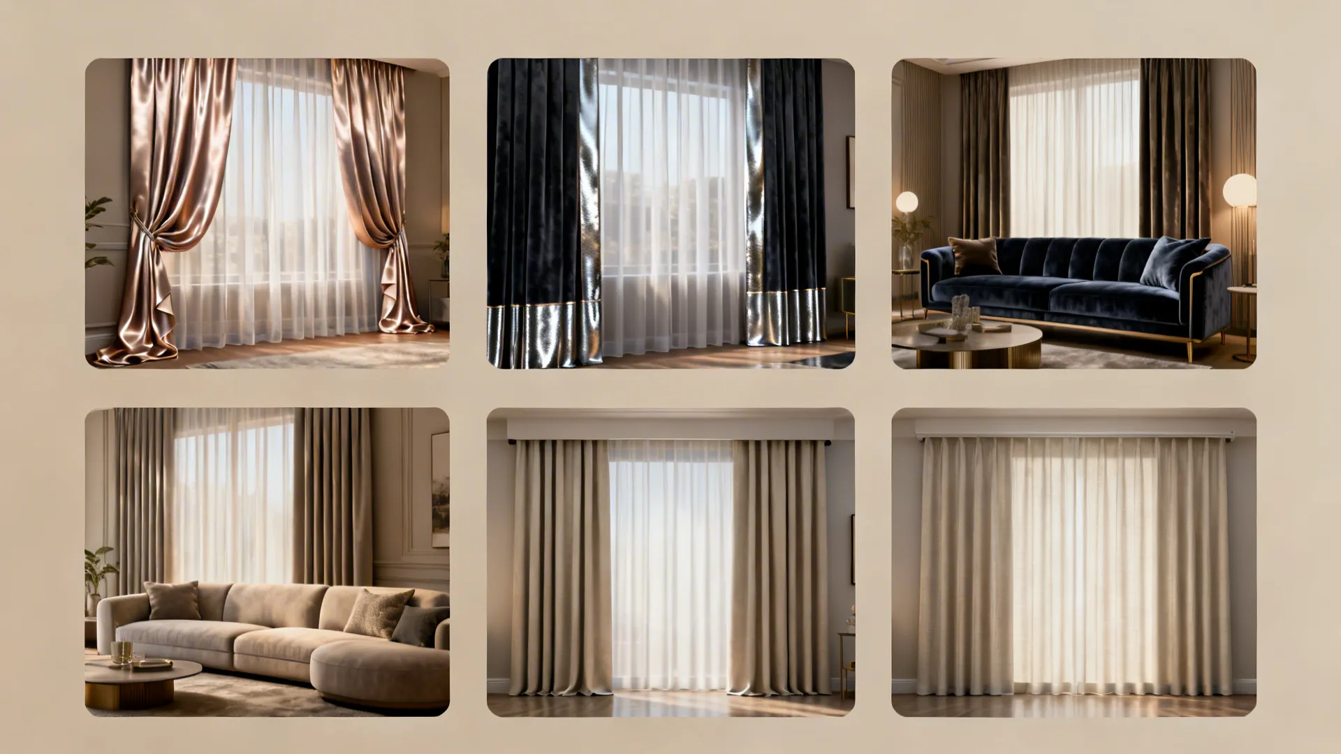 Grid showing six different curtain styles and colors in modern living rooms with sofas and windows