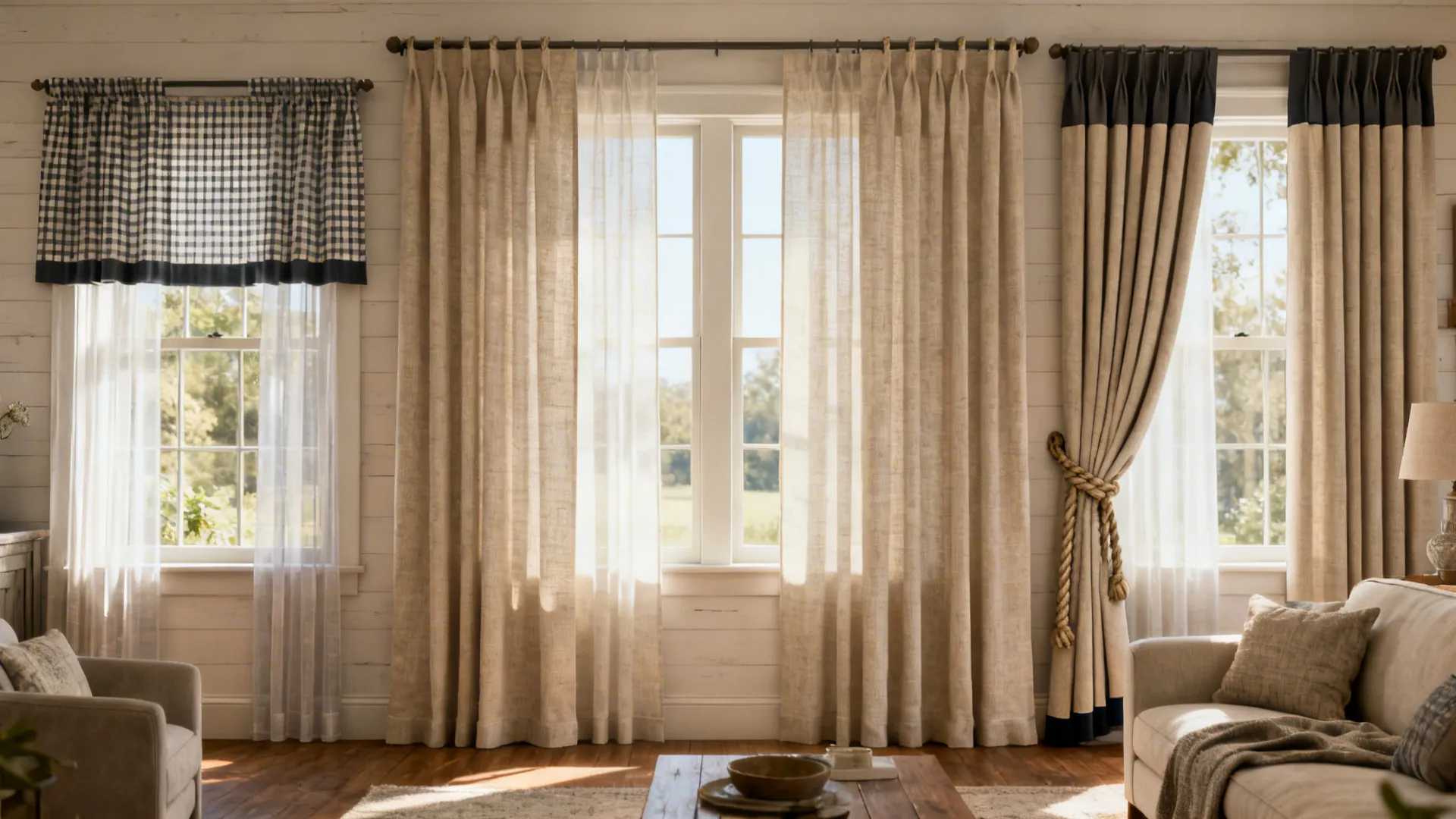 Overview of multiple curtain styles in a modern farmhouse living room illustrating FAQs and options.