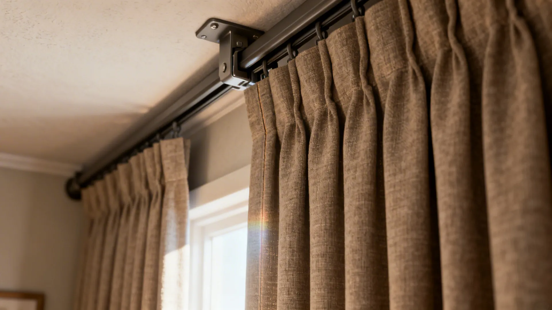Close up view of brown textured curtains hanging on a dark metal track near a window