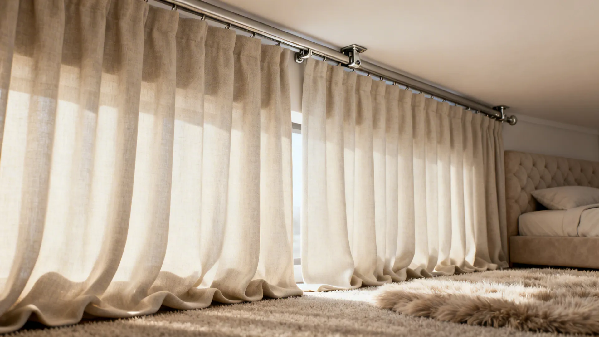 Floor-to-ceiling light-filtering curtain creating a private nook in a small bedroom.