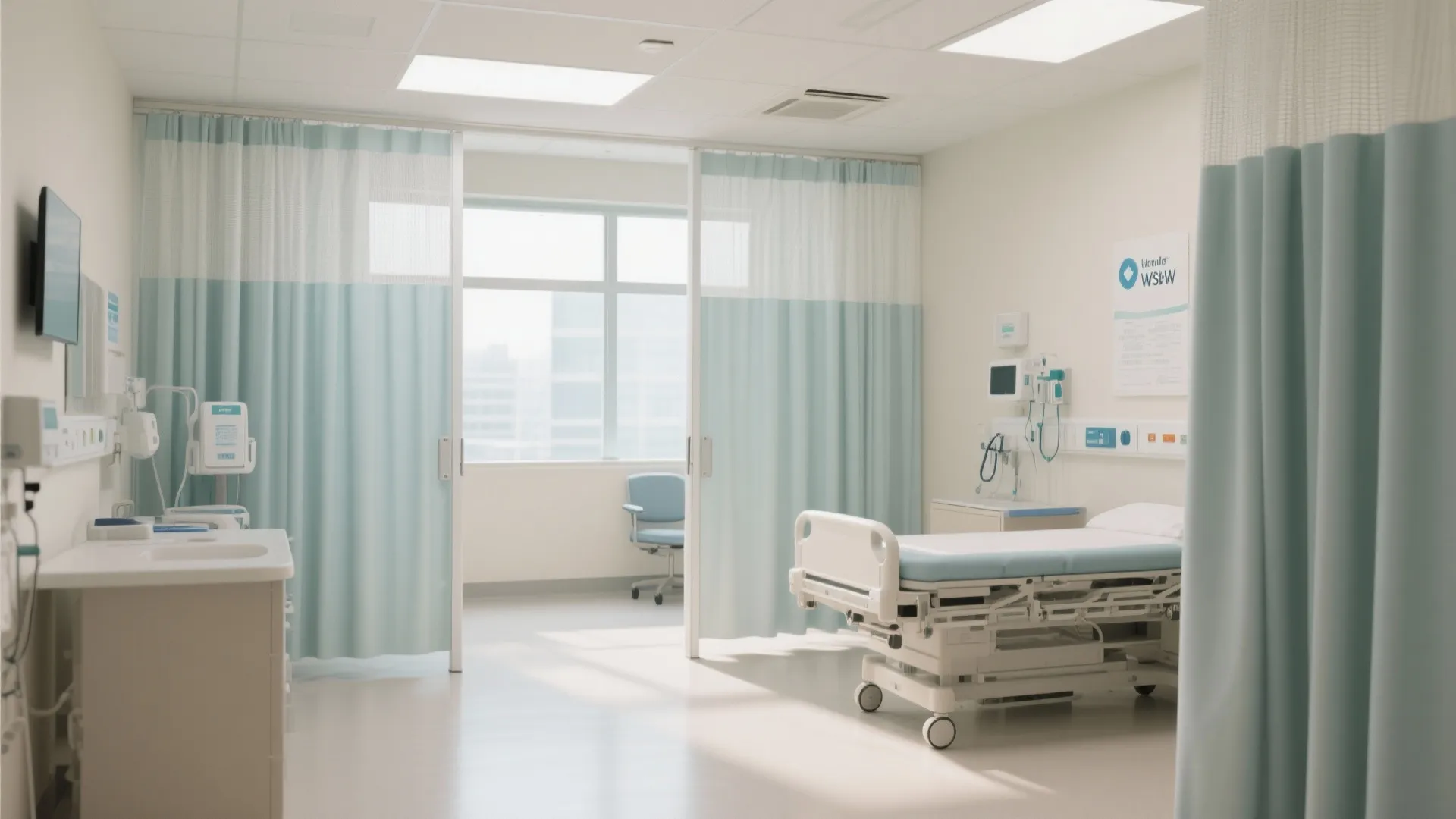 Bright hospital room with blue privacy curtains white bed medical equipment large window and ceiling lights