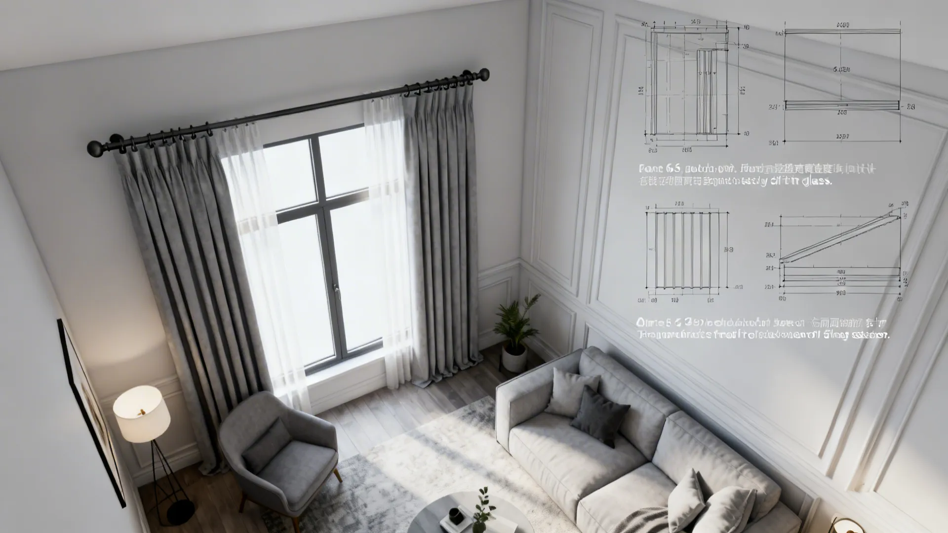 High angle living room layout featuring gray curtains sofa armchair floor lamp and technical drawing