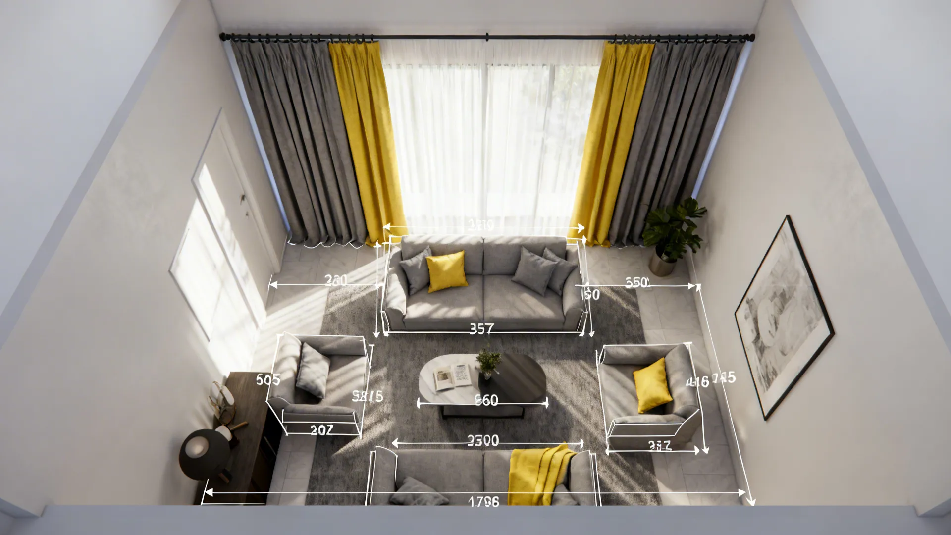 Top-down room planner mockup showing high-wide curtain placement and fabric swatches.