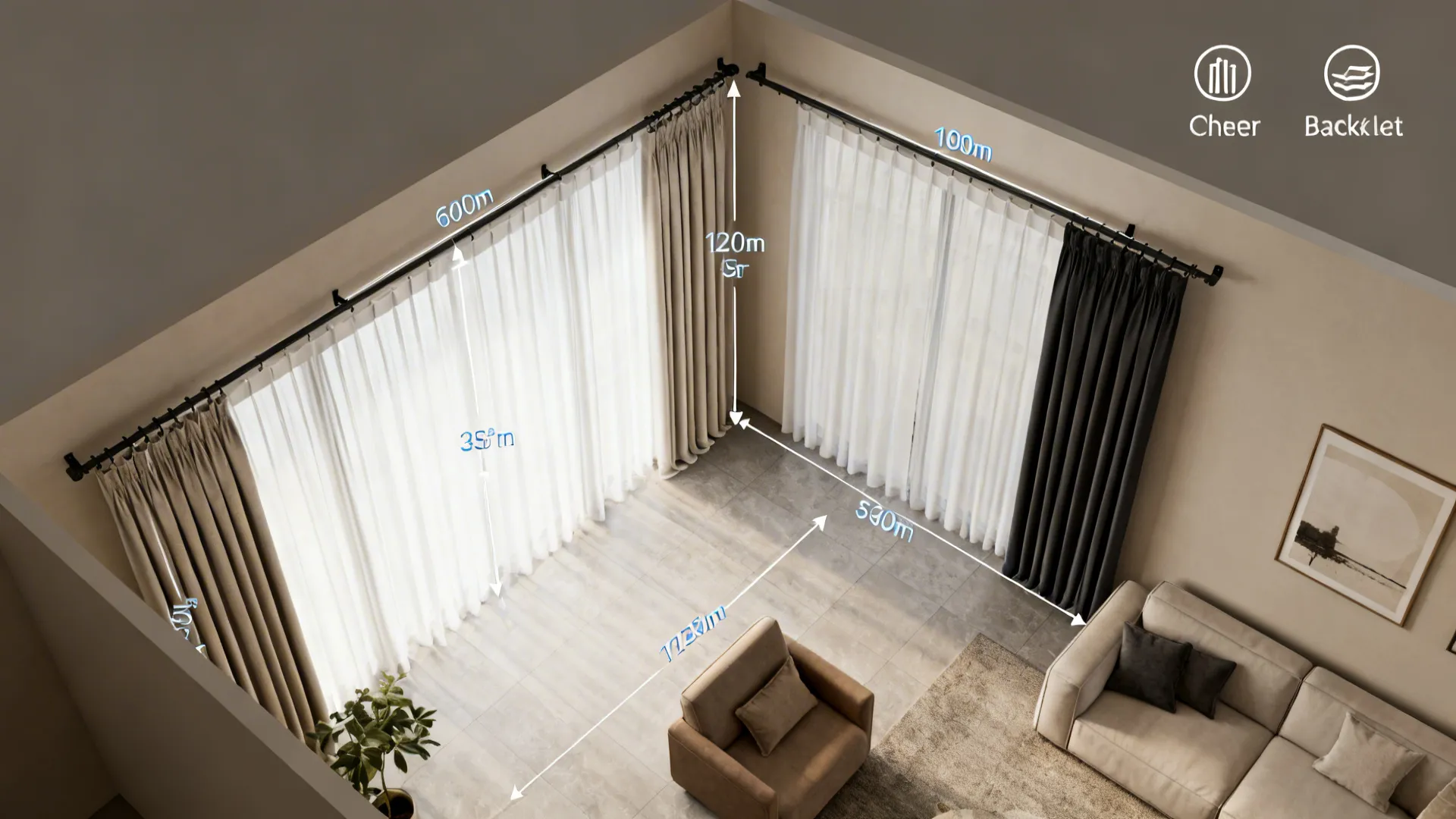 Top-down floor plan showing curtain track placements and layered curtain options