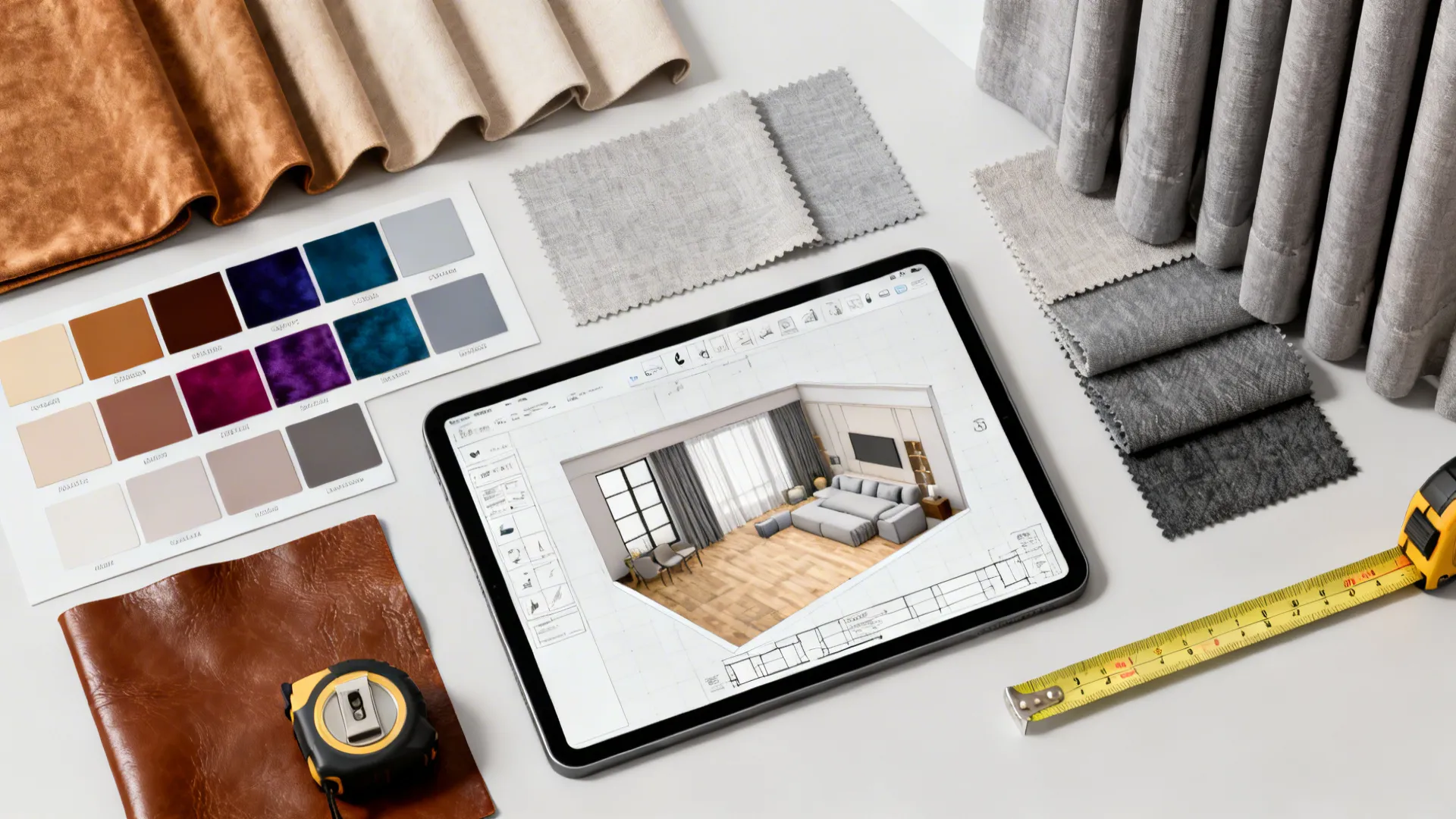Flatlay of curtain color chips, fabric samples and a tablet with a 3D planner next to a brown leather swatch