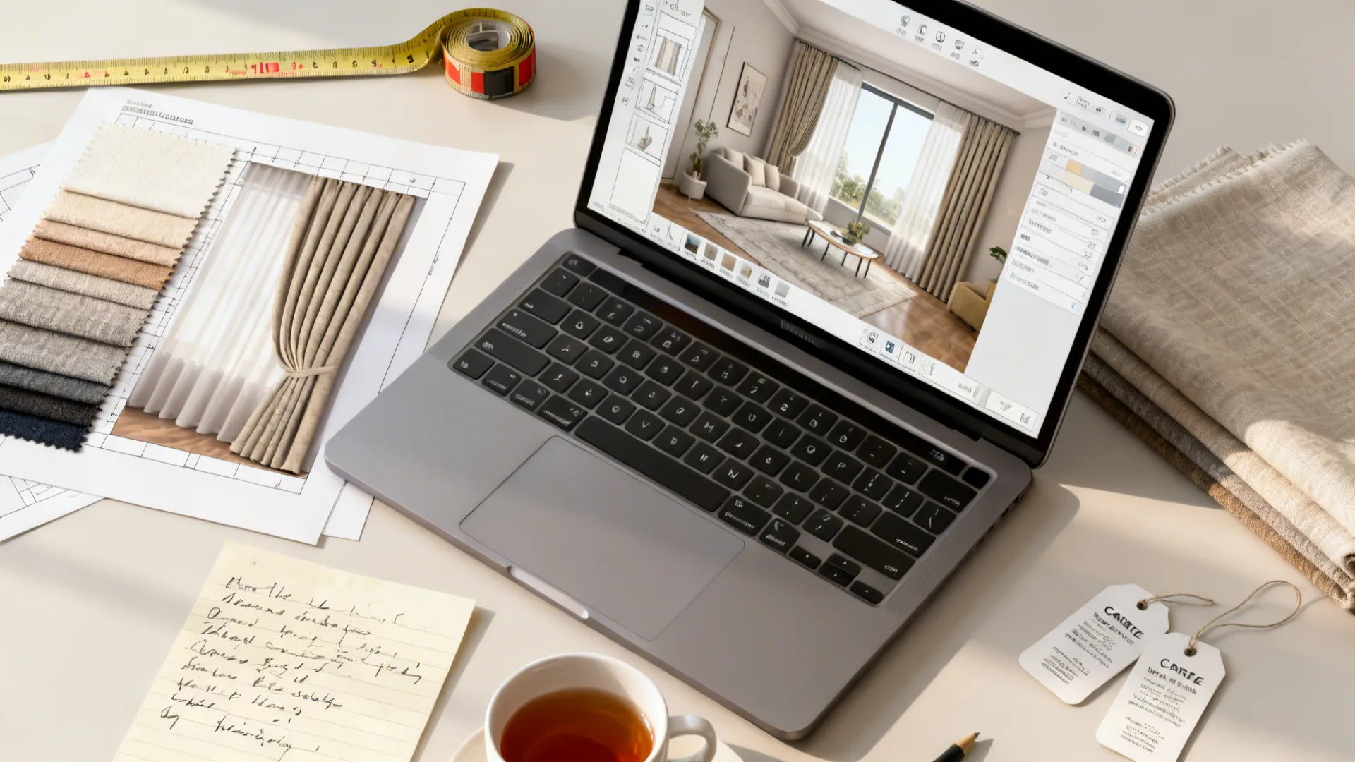 Top-down view of a curtain planning setup with 3D mockup on laptop and fabric swatches
