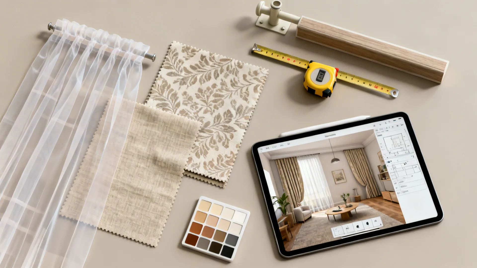 Flatlay of fabric swatches, tape measure and tablet showing a room planner for curtain decisions
