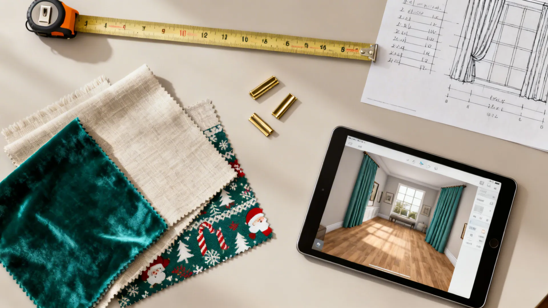 Flat lay showing fabric samples measuring tape pencil sketch and tablet with interior design drawing