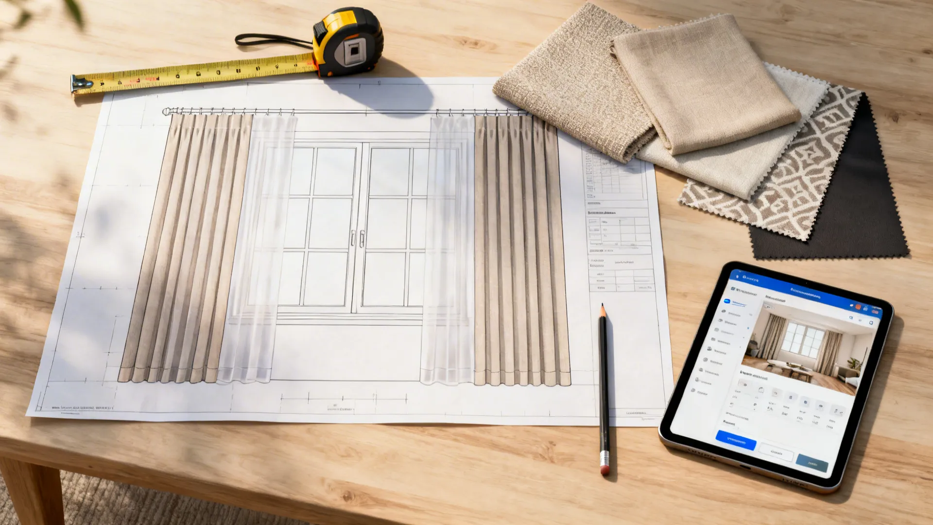 Top-down view of curtain planning tools and fabric swatches laid out for measurement and mockups.