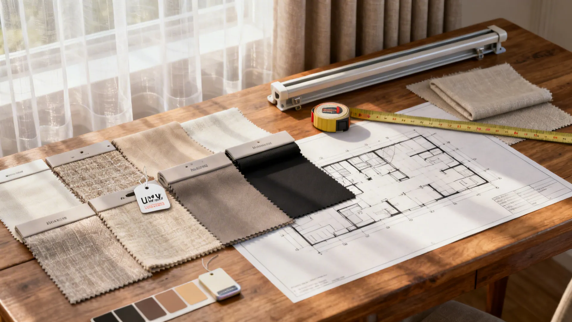 Fabric samples and room layout on a wooden table with measuring tape and curtain track