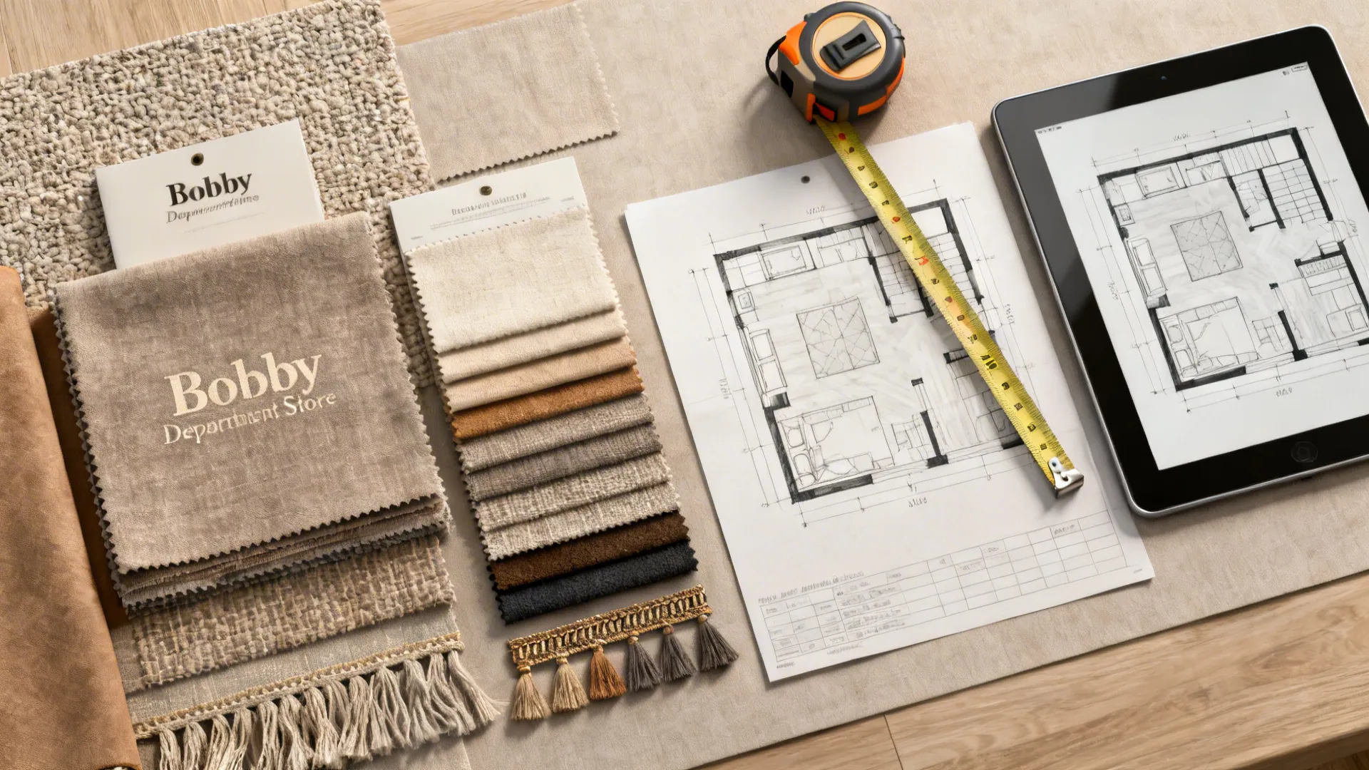 Flatlay of fabric swatches, tape measure, sketches and a tablet used for curtain planning and measuring.