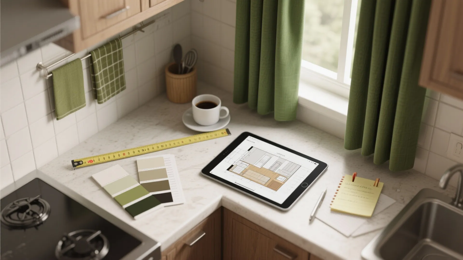 Kitchen counter with digital tablet showing floor plan, color samples, tape measure, and green curtains