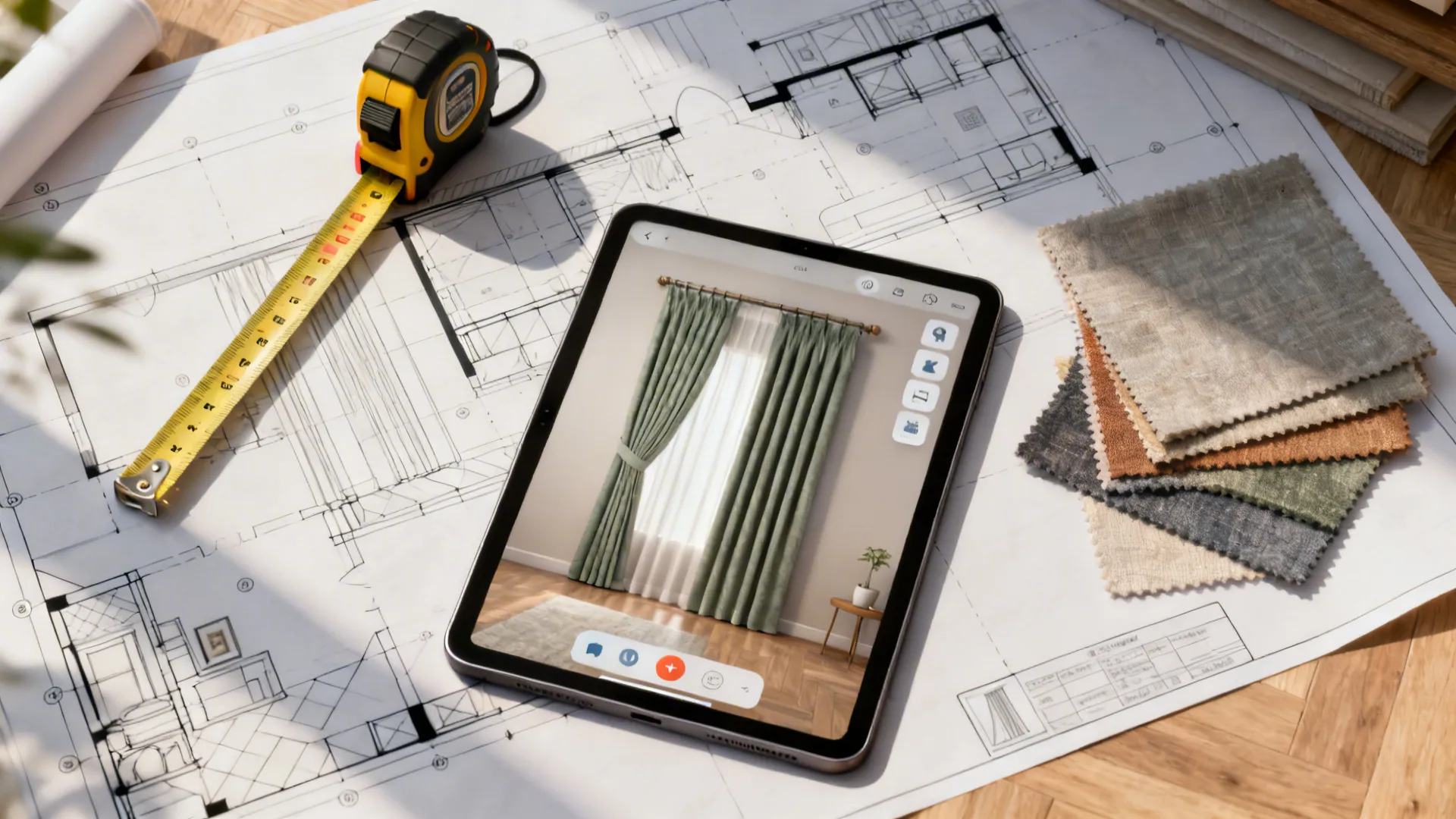 Top-down view of measuring tools, tablet with 3D mockup, and fabric swatches for curtain planning
