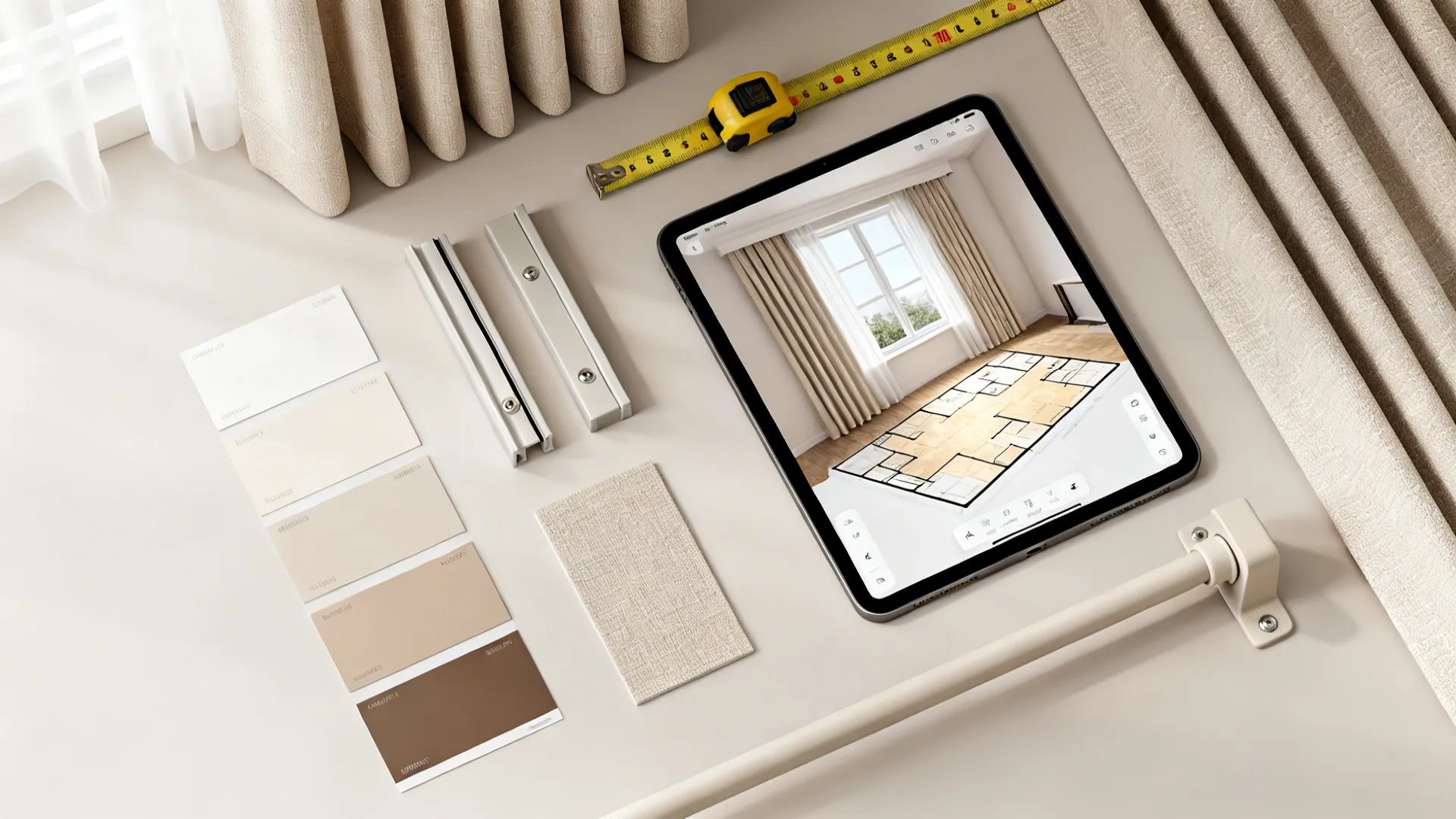 Flatlay of curtain color swatches, slim hardware, measuring tape and a tablet showing a 3D floor planner