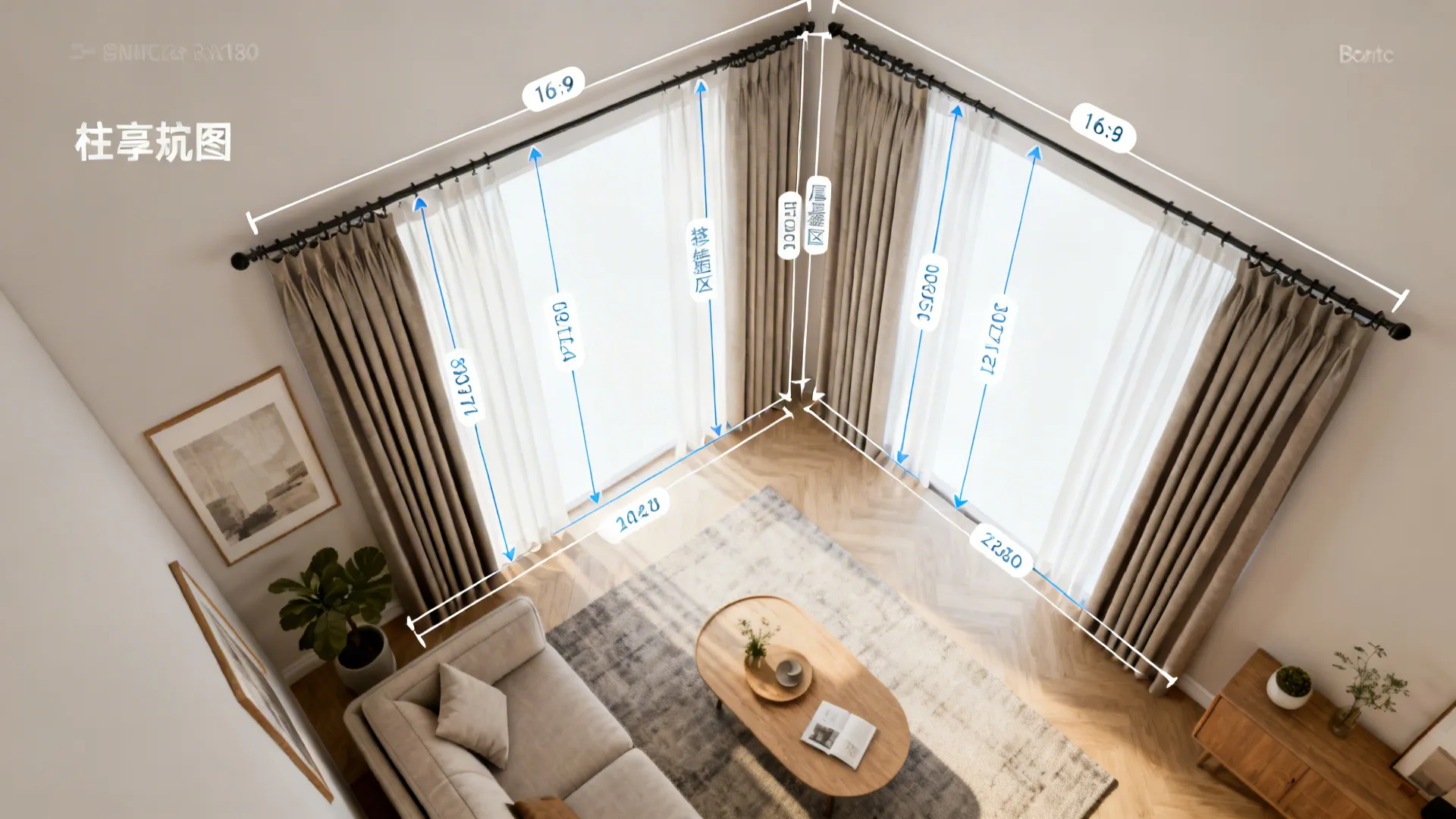 Top-down planning view of curtain placement, rod height, and stacking zones in a small living room