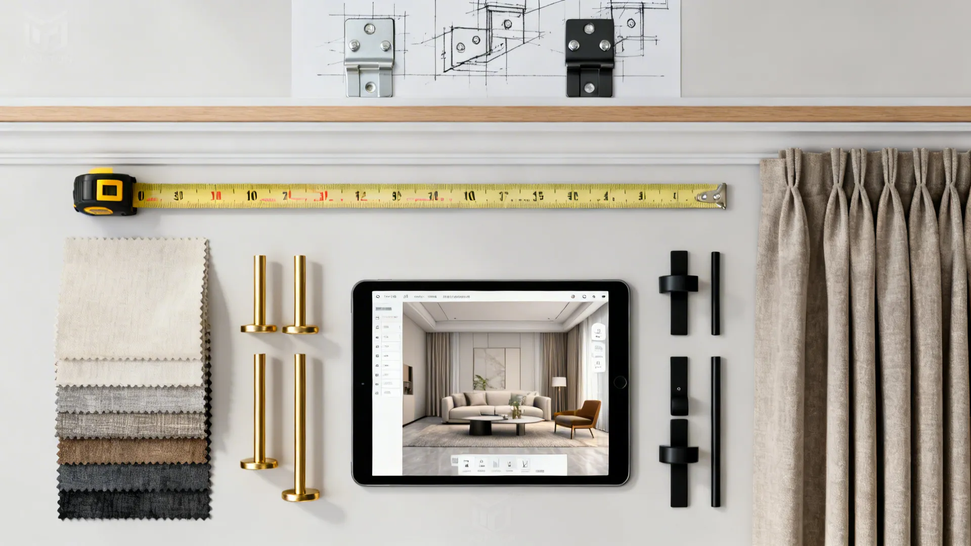 Top-down layout with curtain samples, measuring tape, hardware and a room planner on tablet for curtain planning.