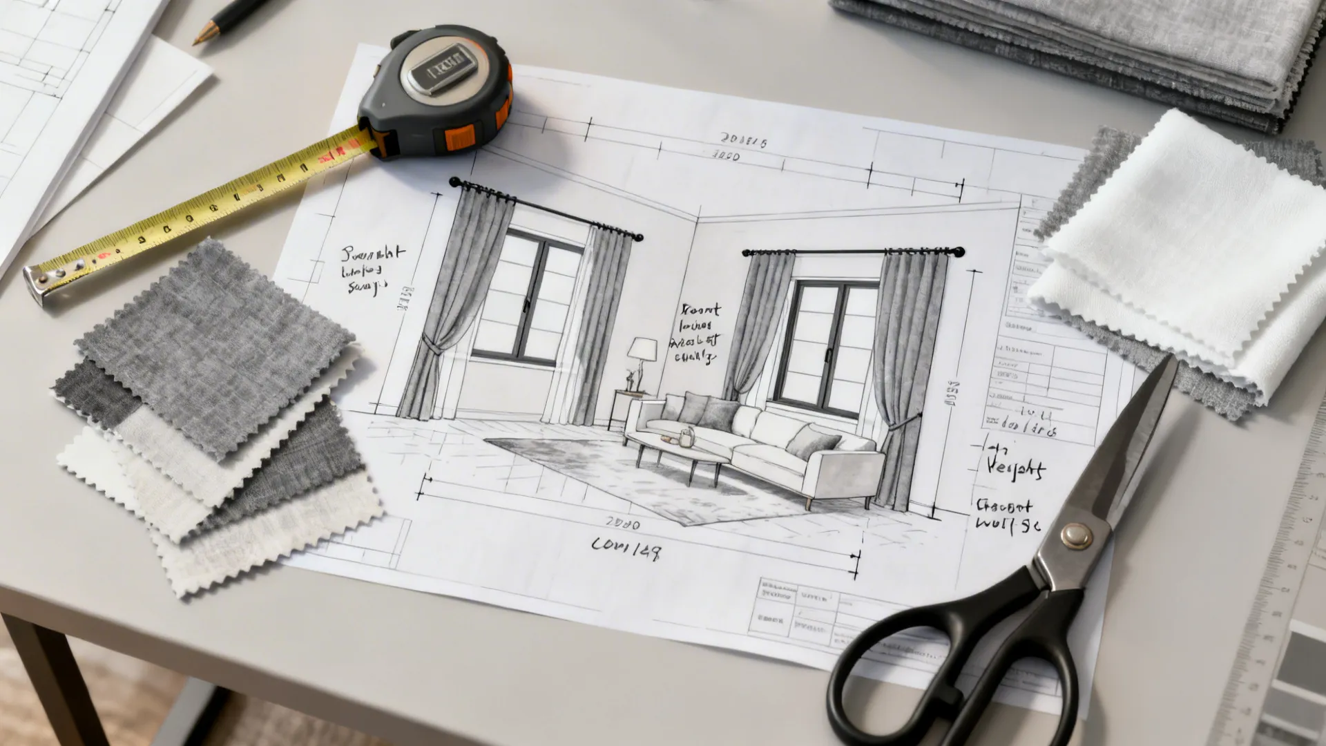 Top-down planning layout with fabric swatches and measuring tools for curtain installation
