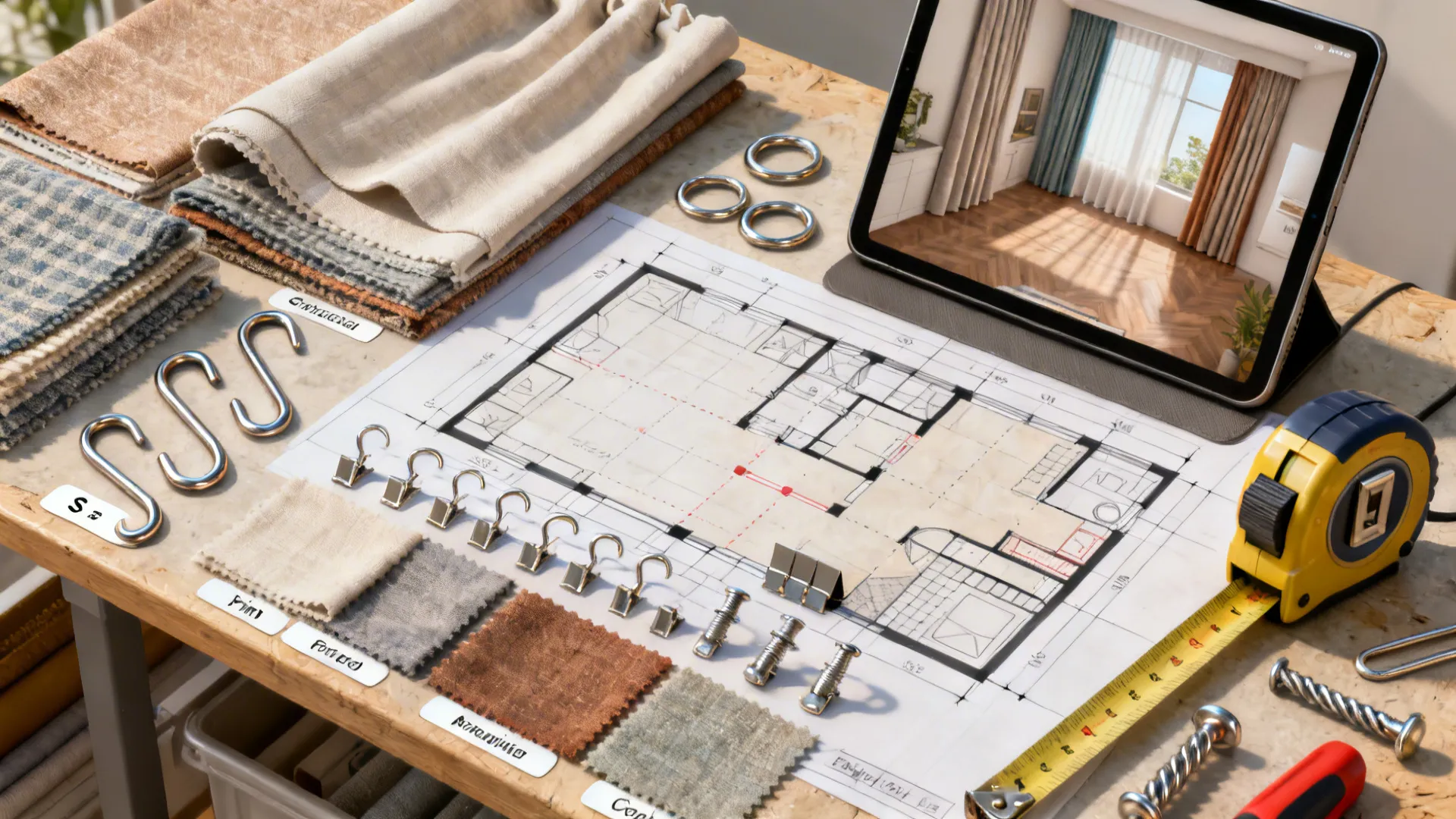 Top-down planning layout with curtain samples, hooks and a tablet showing a 3D floor planner.