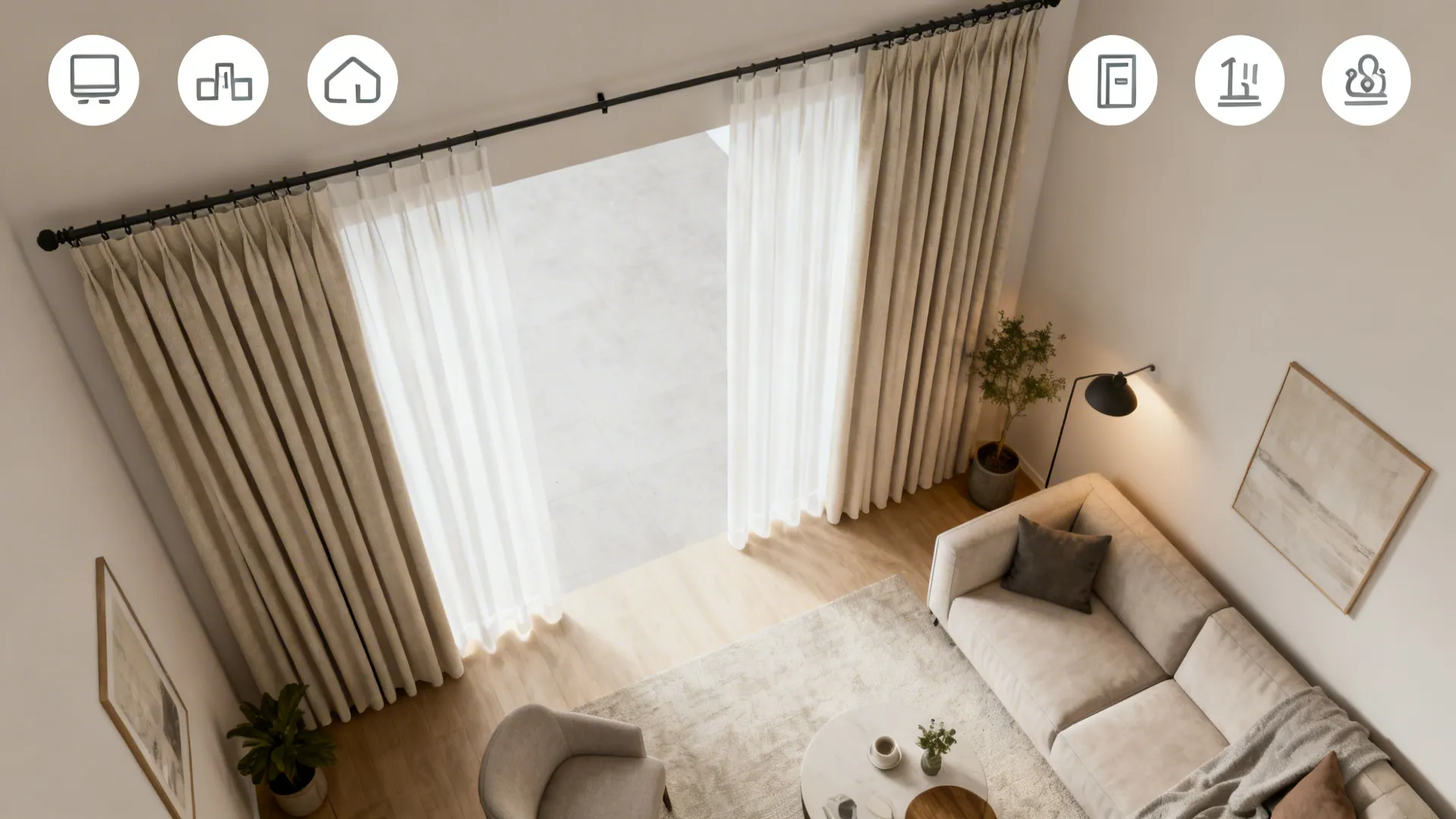 Overhead planning view showing curtain lengths, fullness, stack-back, and hardware supports.