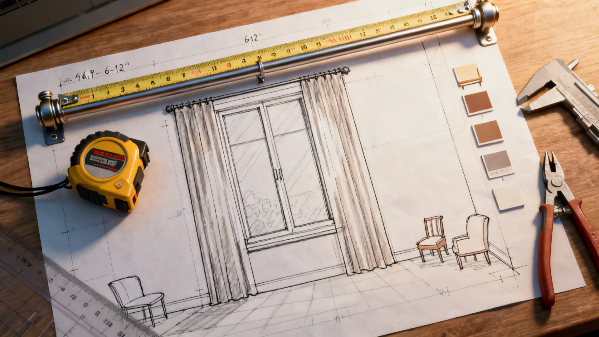 Top-down designer mockup showing rod placement 6–12 inches above window and curtain stacking