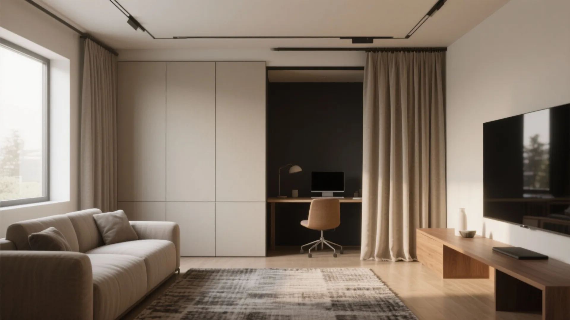Modern living room with neutral sofa and hidden desk area behind a beige curtain partition