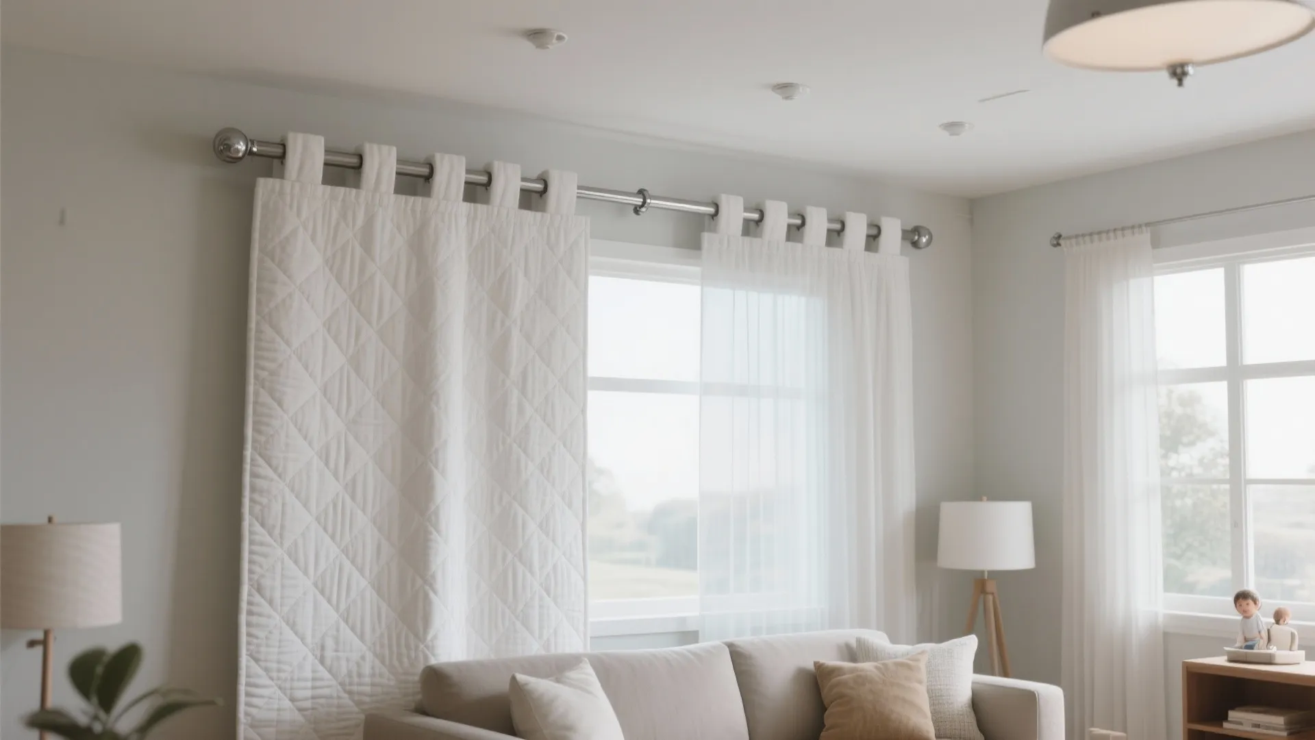 Living room with white sofa and dual layer white curtain hanging on a metal rod