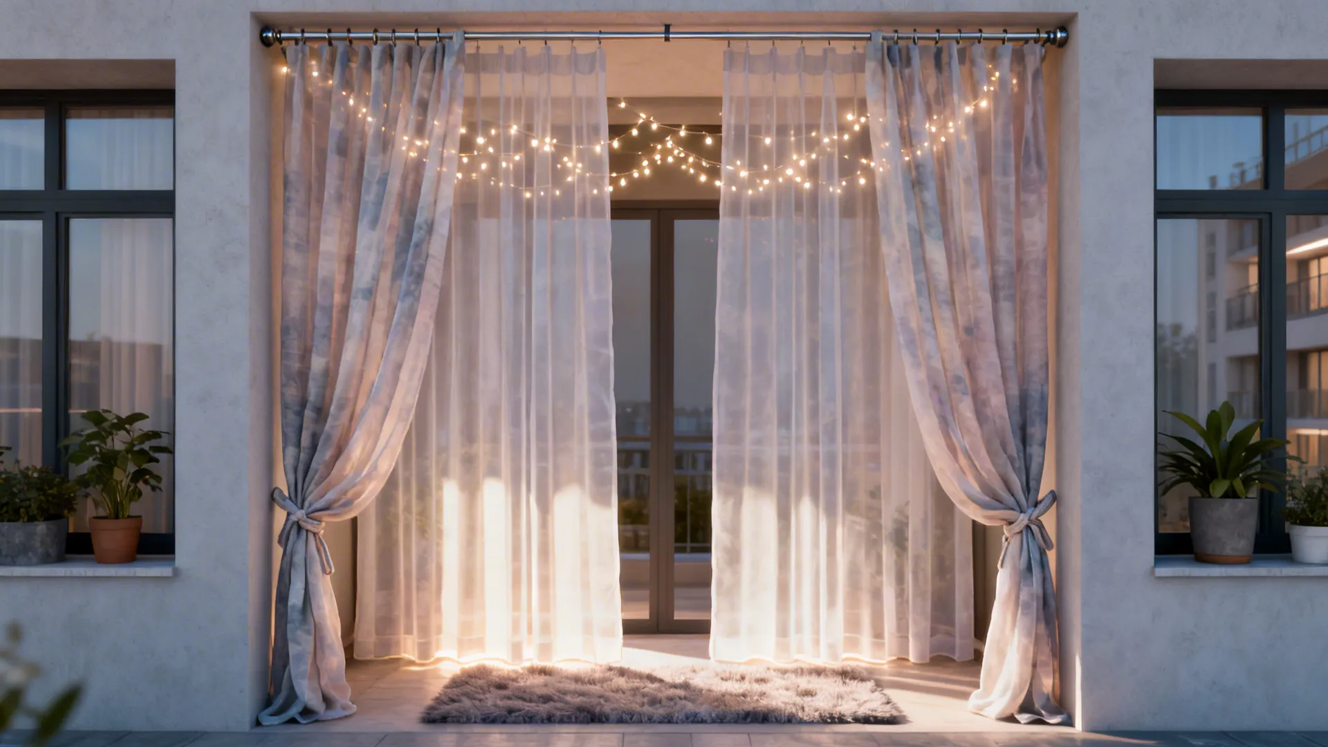 Vertical curtain-rail fort with tied-back fabric panels and a cozy rug inside, leaving floor space open.