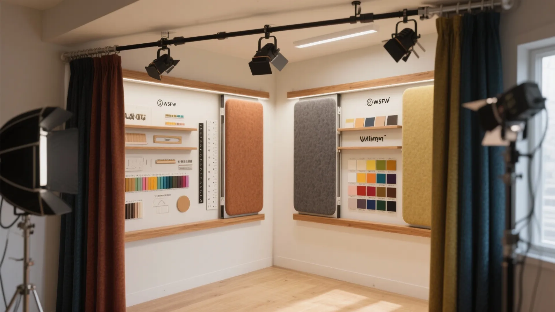Bright studio room with professional lights curtains and display boards showing various colorful fabric samples