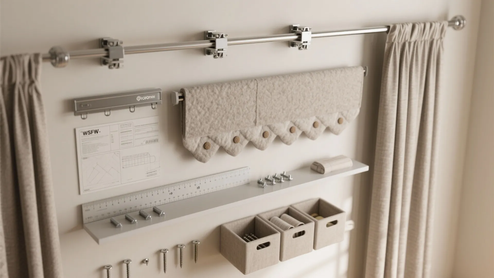 Metal curtain rod installed on white wall with shelf holding screws storage bins and fabric