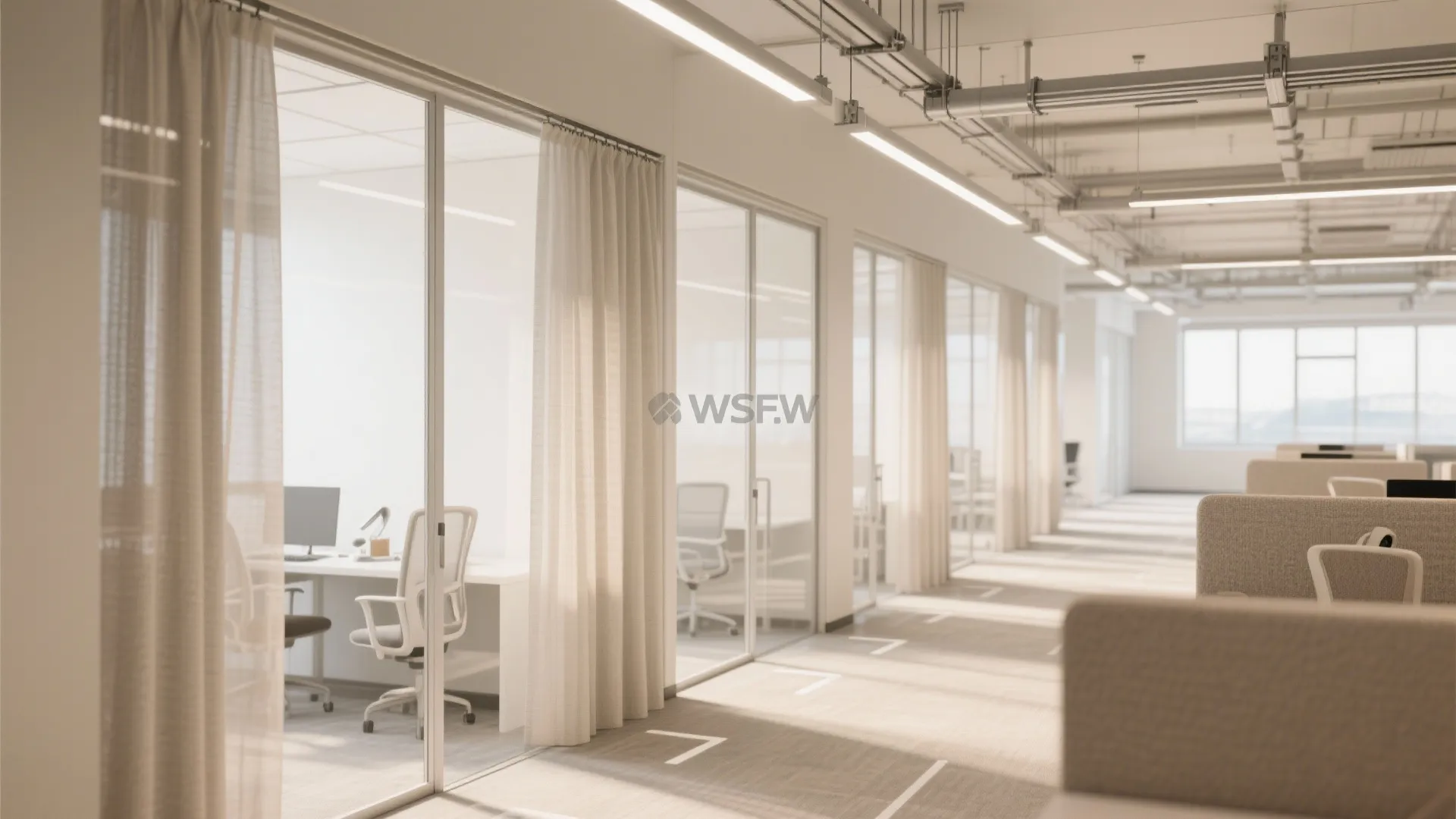 Modern office interior design drawing with glass walls white curtains desk chairs and ceiling lights