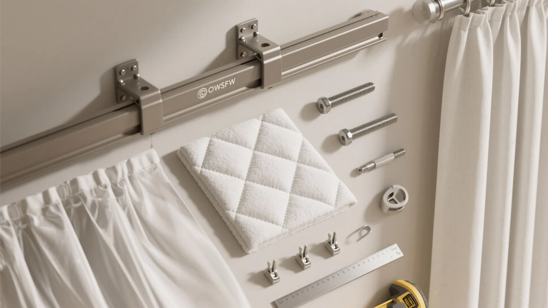 Interior design hardware parts including metal curtain rails screws fabric samples and white curtain for installation