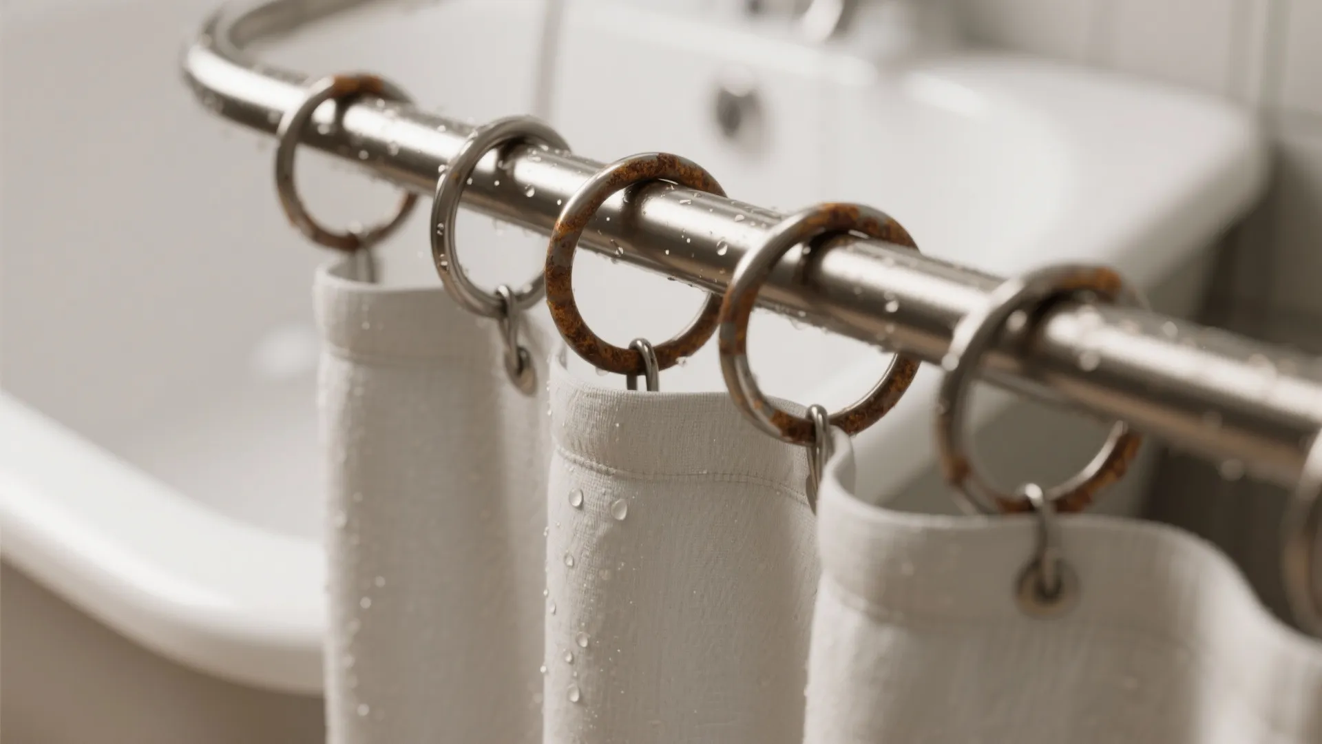 Close up of metal curtain rings on a rod showing rust spots and water drops