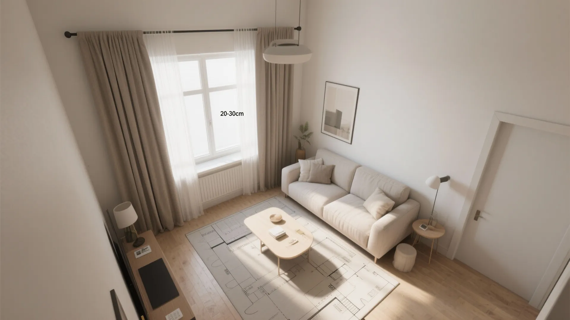 Top-down small living room plan showing curtain rod overhang and 3D planner overlay