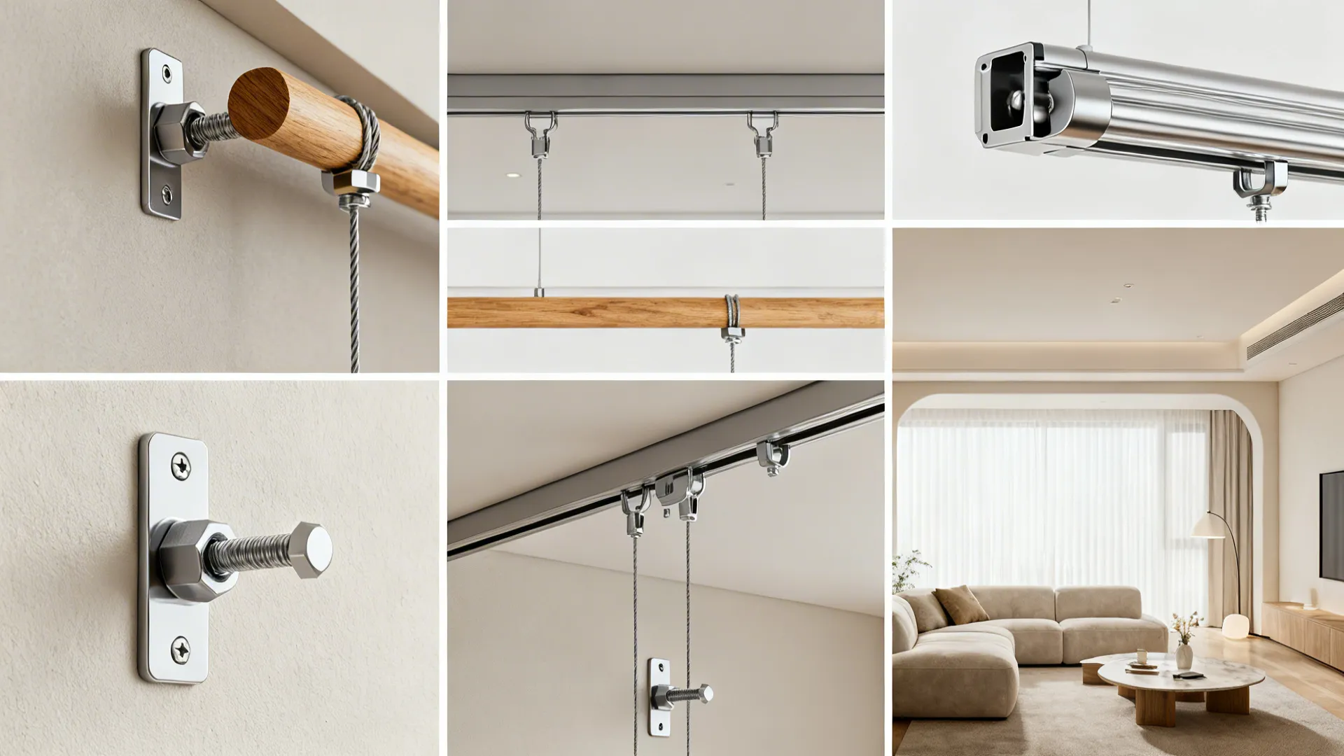 Collage of curtain rod materials, ceiling track, and hardware details summarizing FAQs