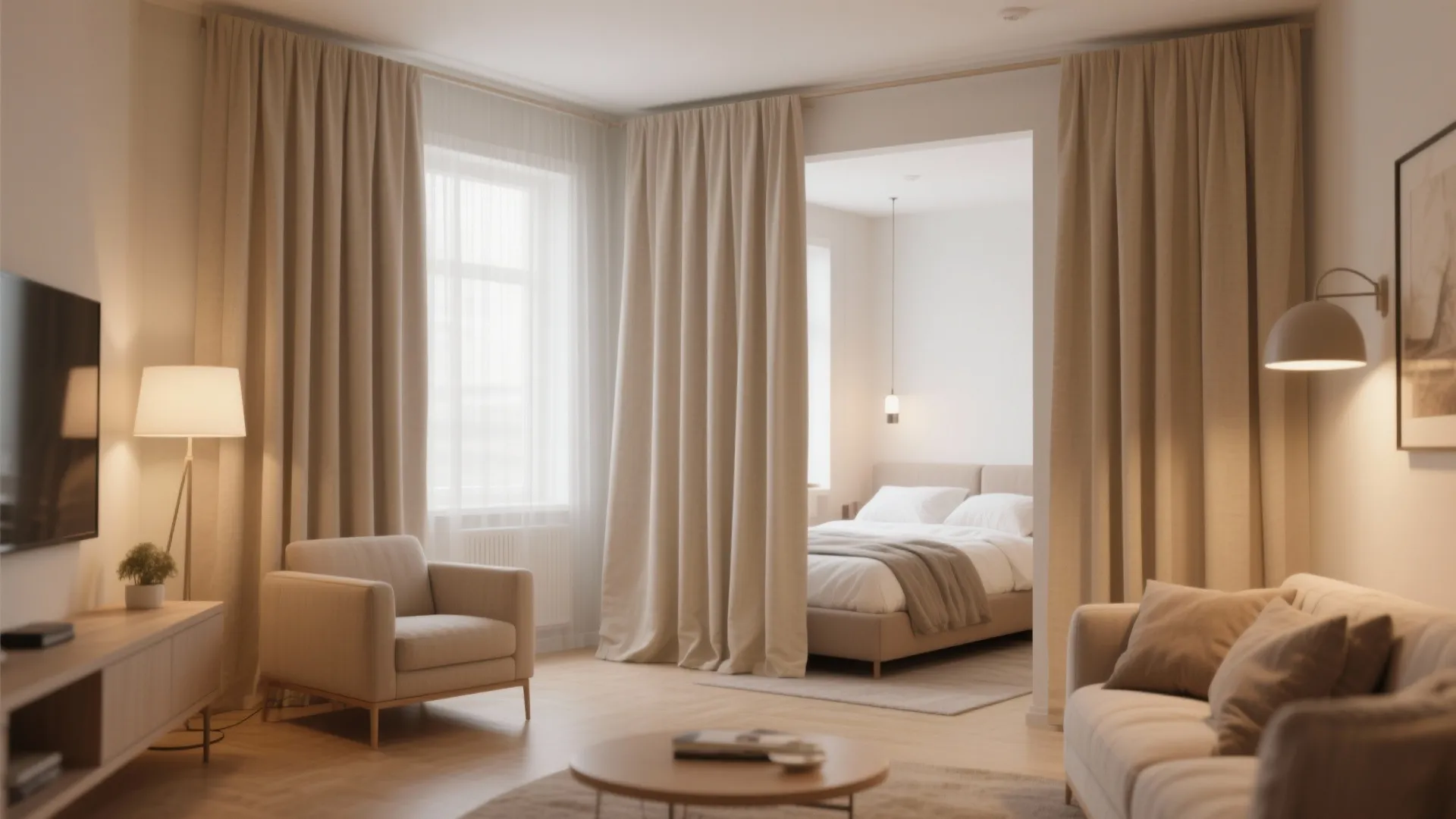 Beige curtain used as a room divider between a cozy living area and small bedroom