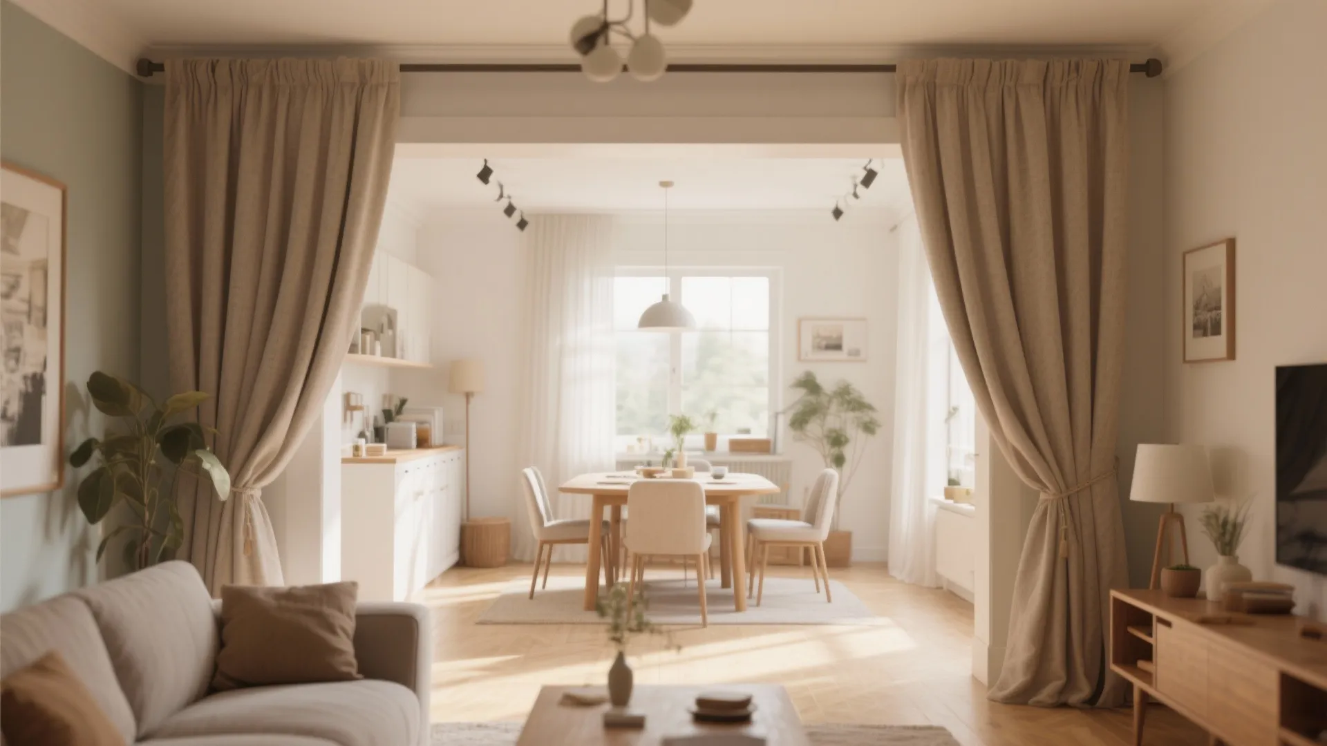 Beige curtains used as room divider between living area and dining space with natural light