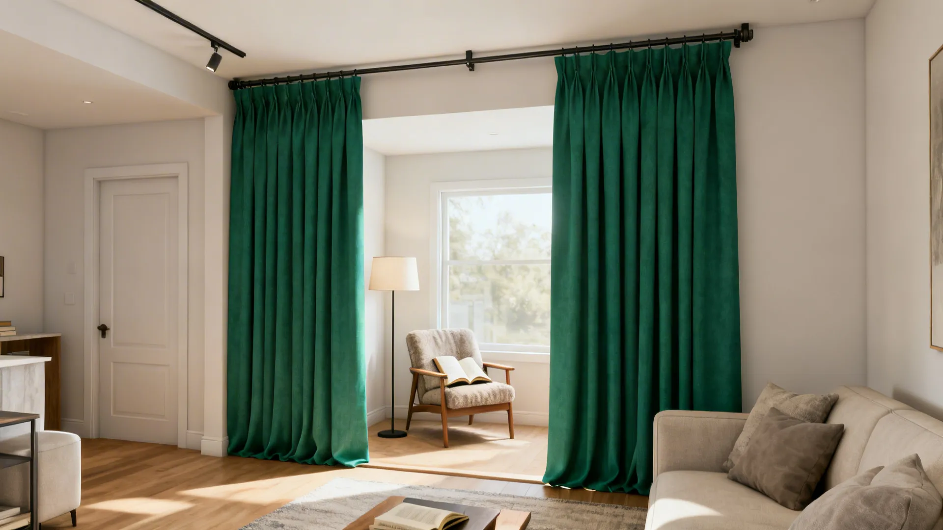 Open-plan living room using ceiling-mounted emerald curtains to define a reading nook and raise perceived ceiling height.