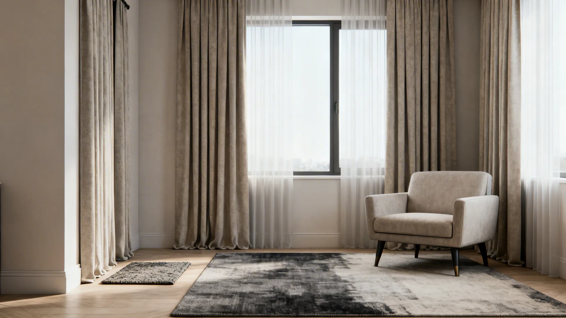 Before short curtains and small rug; after tall curtains and a larger neutral rug in the same corner.