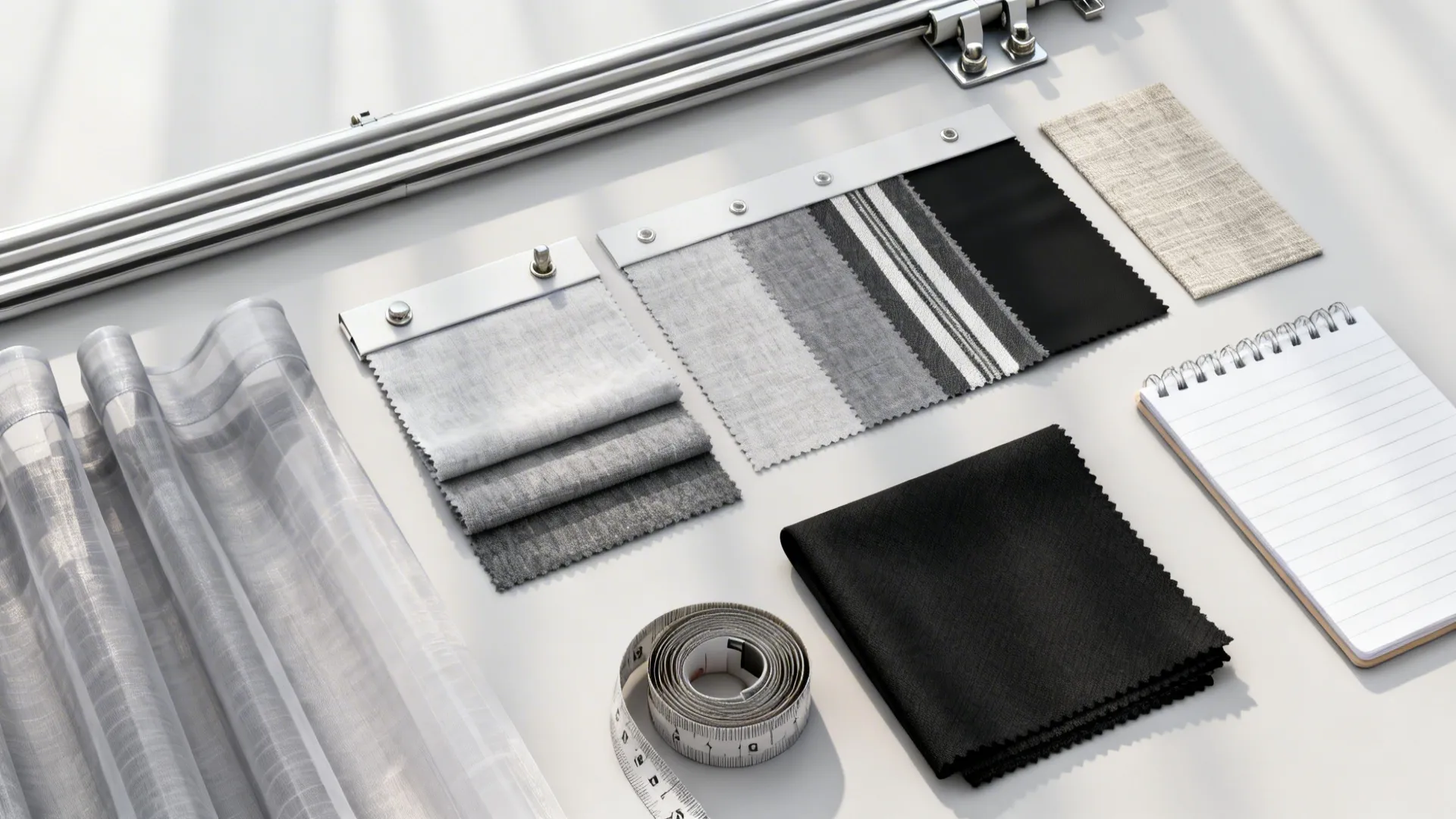 Grey and black curtain fabric samples with metal rod measuring tape and notebook on table