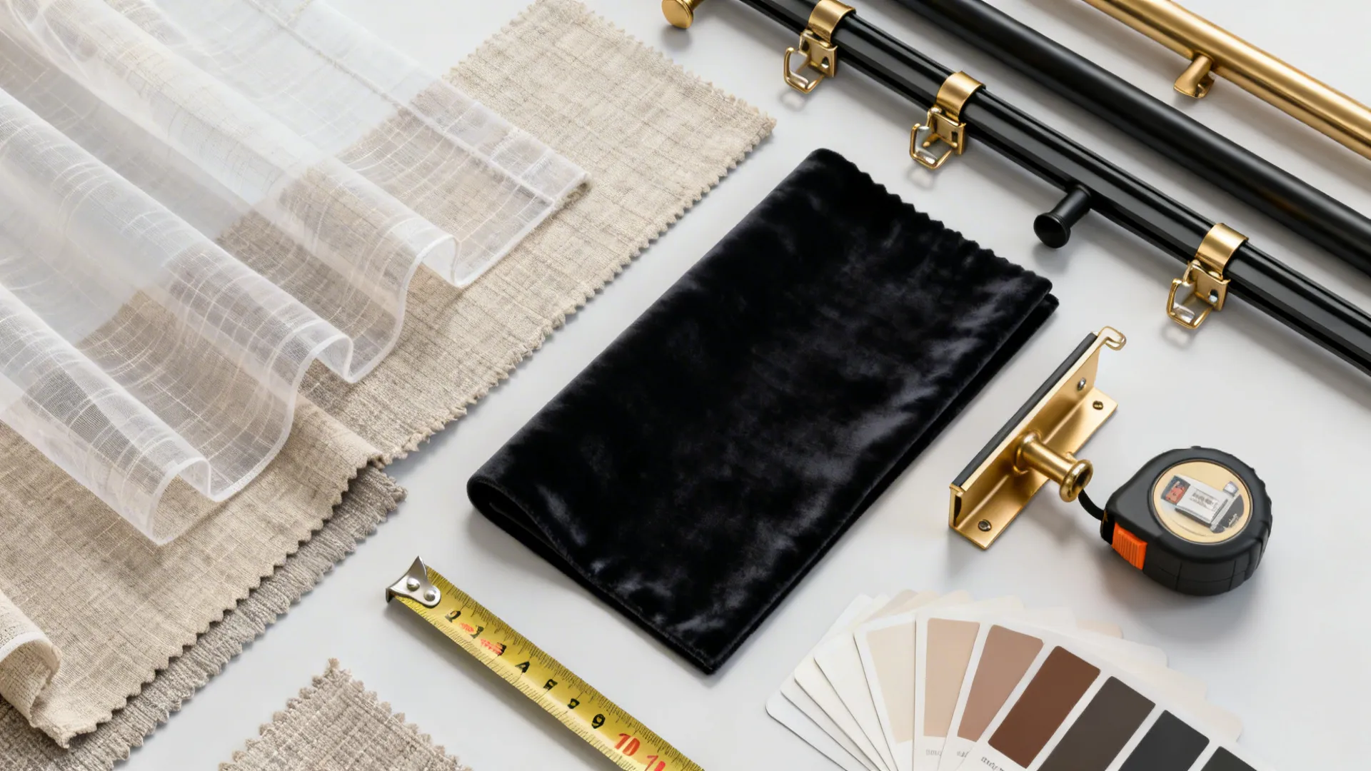 Top-down flatlay of curtain fabric swatches, hardware finishes, and color chips for layering options